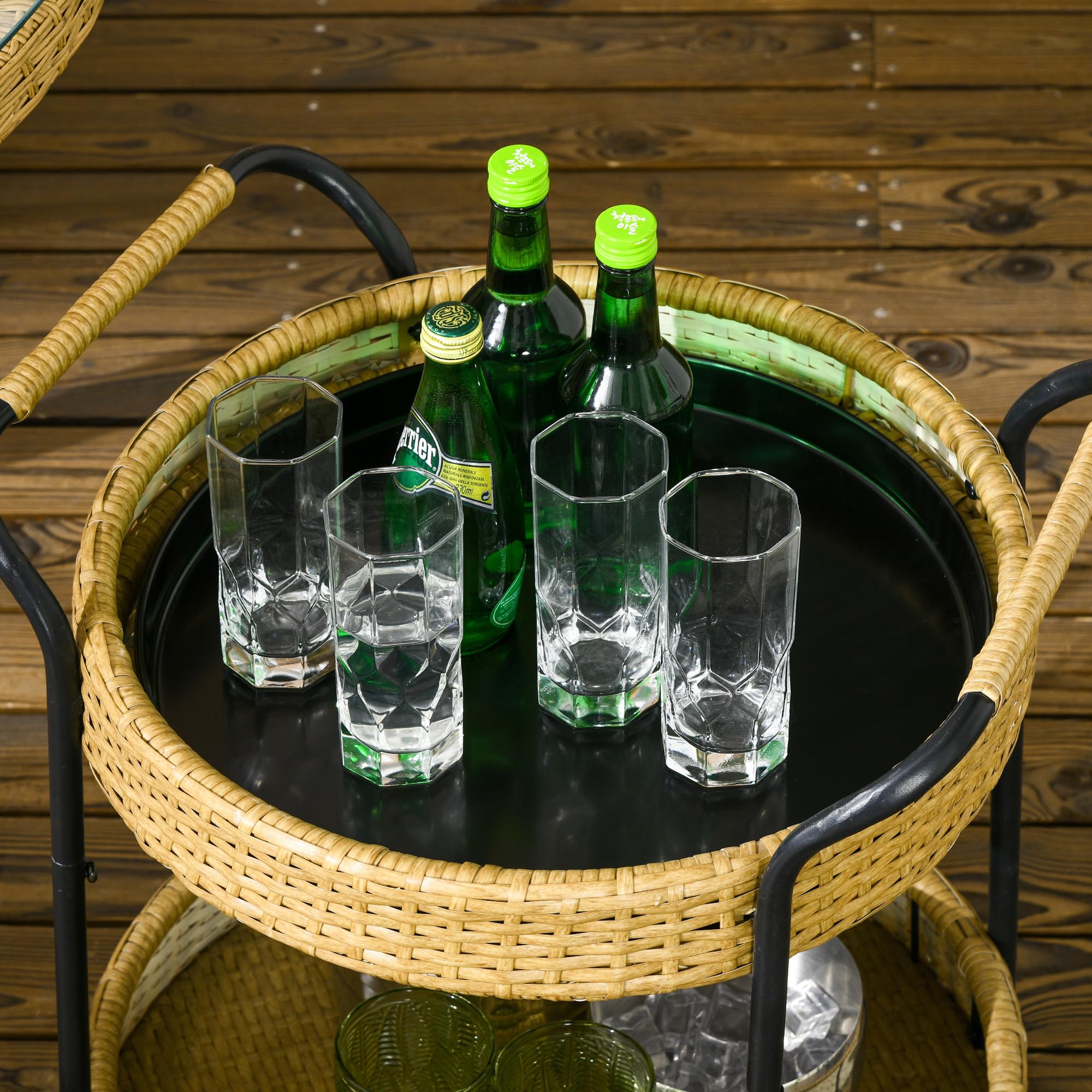 Outsunny Servierwagen Rattan Trolley mit 2 Regalen, Runde Küchenwagen, Gartenrollwagen mit Griffen, Outdoor Barwagen für Balkon, Stahlrahmen, Φ50 x 66 cm, Natur