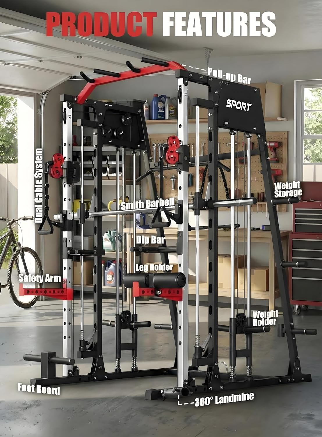 Smith Machine Home Gym, All in One Power Cage, 2200LBS Workout Equipment, Multifunctional Gym with Squat Rack, Cable System, LAT Pull Down, Leg Hold-Down and Attachments for Home