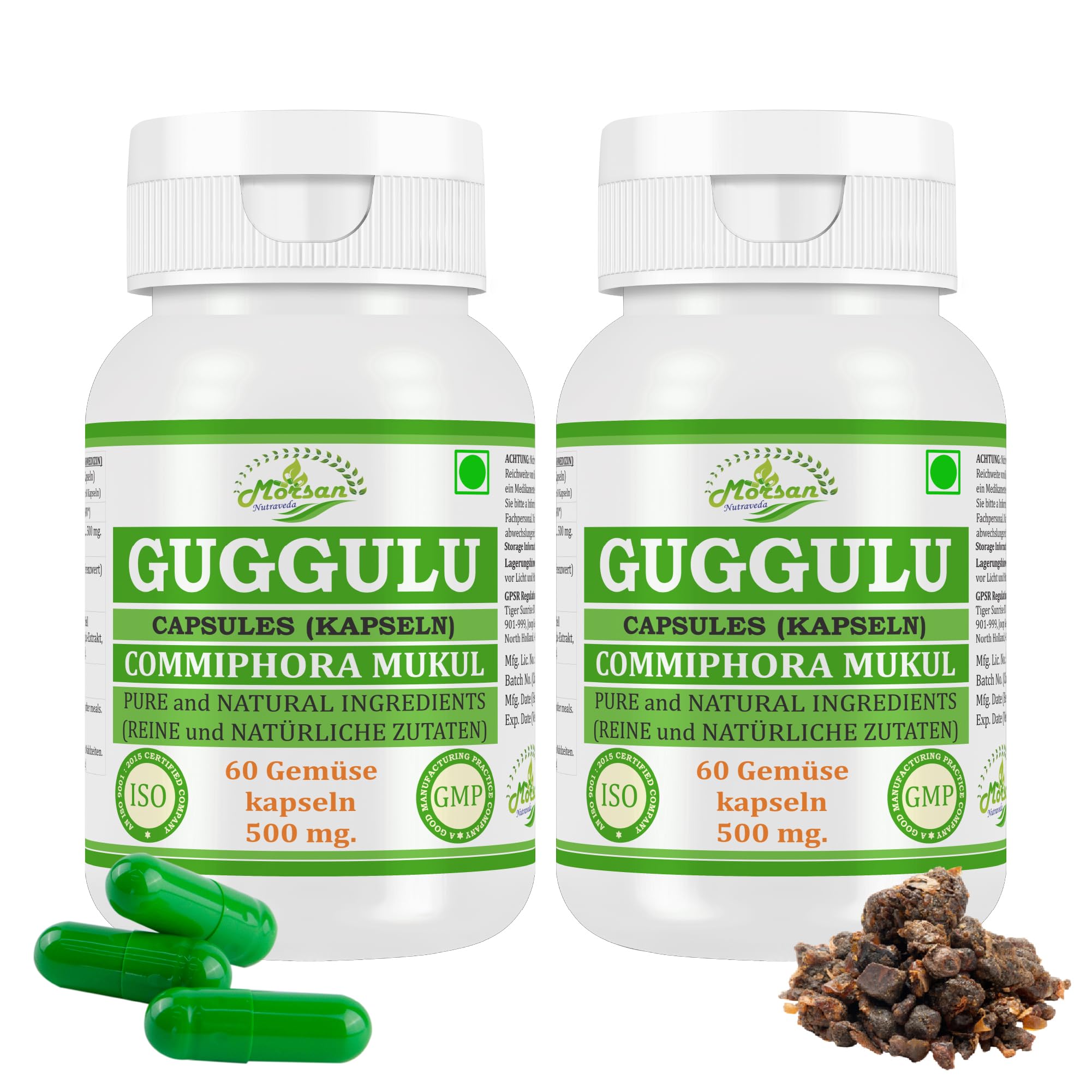 Guggulu (Commiphora mukul) Extrakt mit 10:1 Stärke, 500 mg x 60 vegane Kapseln | Ayurvedisches Kräuterergänzungsmittel für Männer und Frauen (2 Flaschen mit 60 Kapseln)