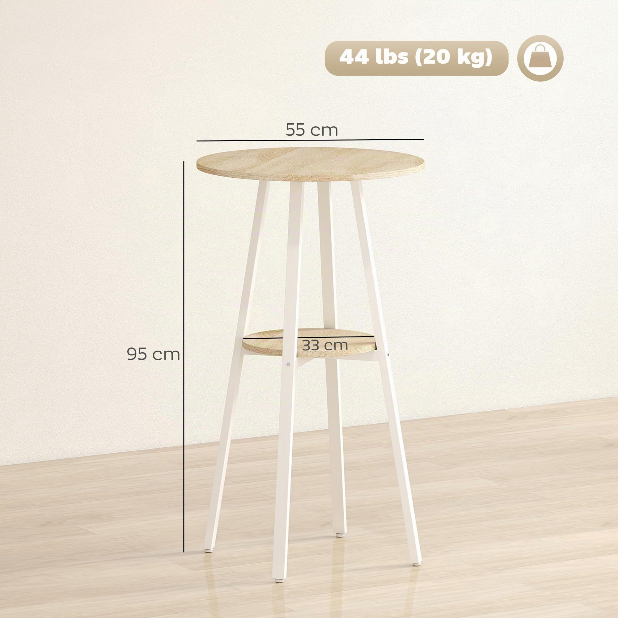 HOMCOM Tavolo Bar Rotondo con Mensola Ø55x95 cm Color Legno e Bianco