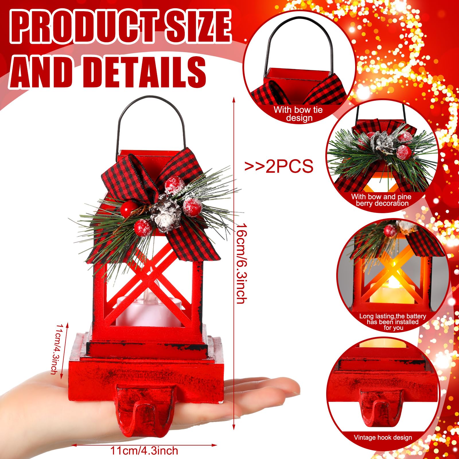 Therwen 2 Pcs Christmas Stocking Holders Lantern Christmas Stocking Hangers for Mantel Xmas Hooks Decorative Retro Light up Holders for Home Indoor Outdoor Decor