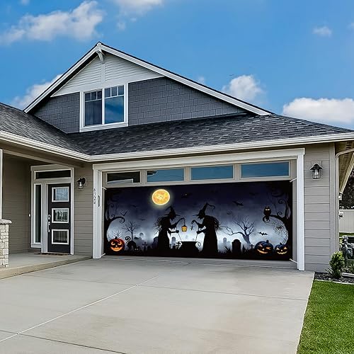 Miniatura 4 de Preboun Decoración de Halloween para puerta de garaje, decoración de bruja de Halloween, cubierta de puerta de garaje, caldero, telón de fondo para