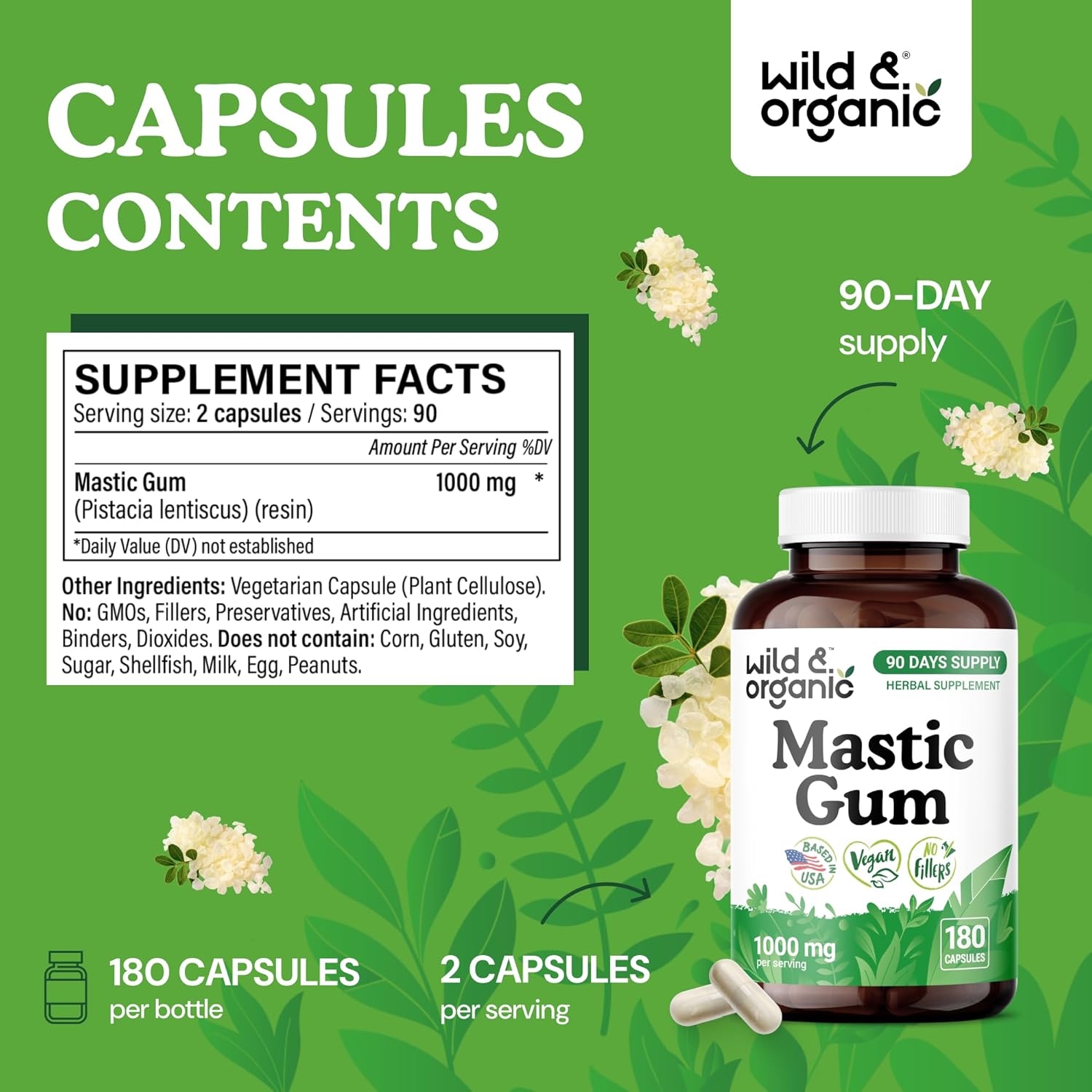 Wild & Organic Mastic Gum Capsules - 1000 mg Mastic Gum Resin Supplement for Gut Support - 90 Days of Supply - 180 Vegan Capsules - No Fillers, Non-GMO, Gluten-Free - Image 3