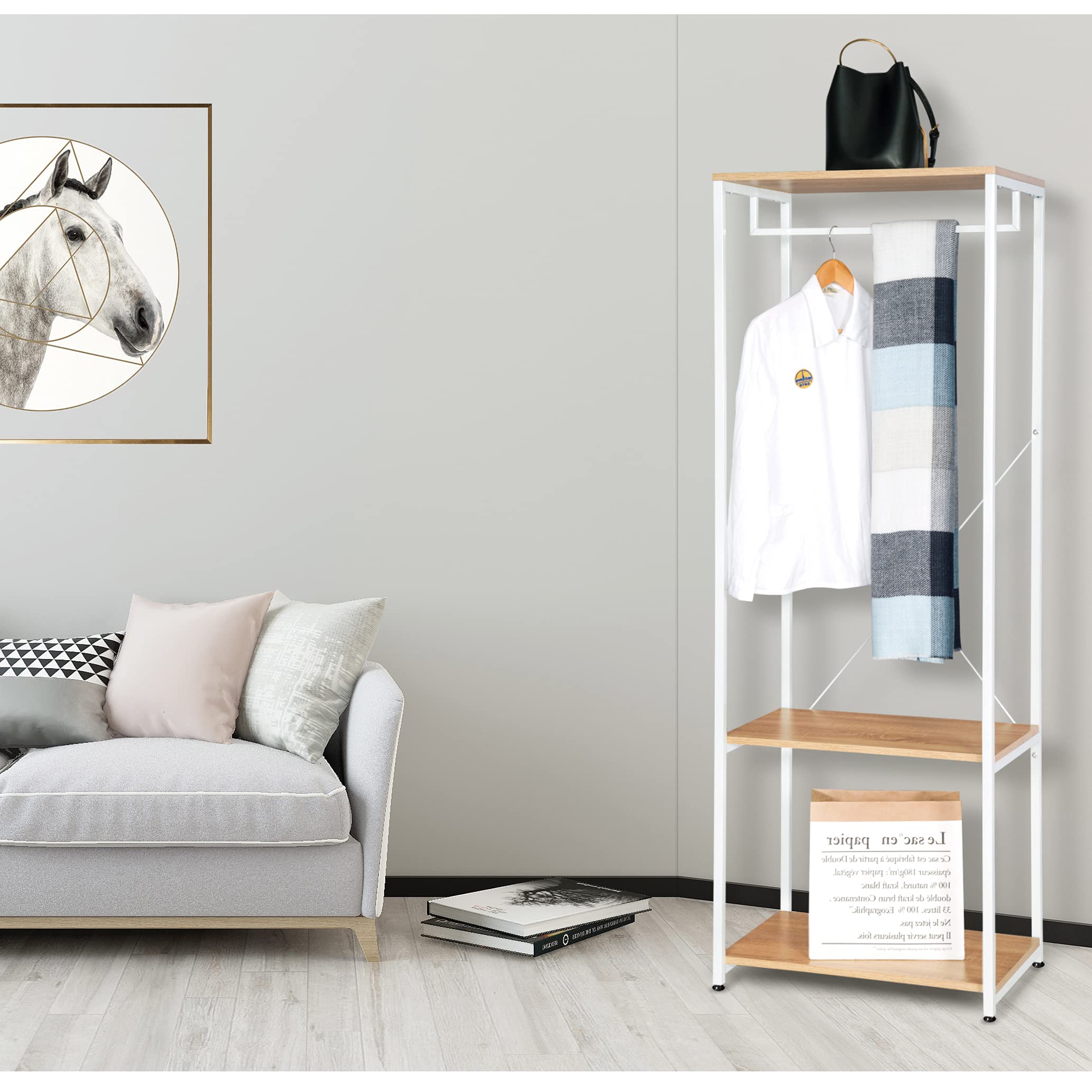 WOLTU 60 X 40 X 167cm Porte-Manteau Porte-vêtements Étagère à vêtements Étagère de penderie en métal et Aggloméré,Blanc+Chêne Clair