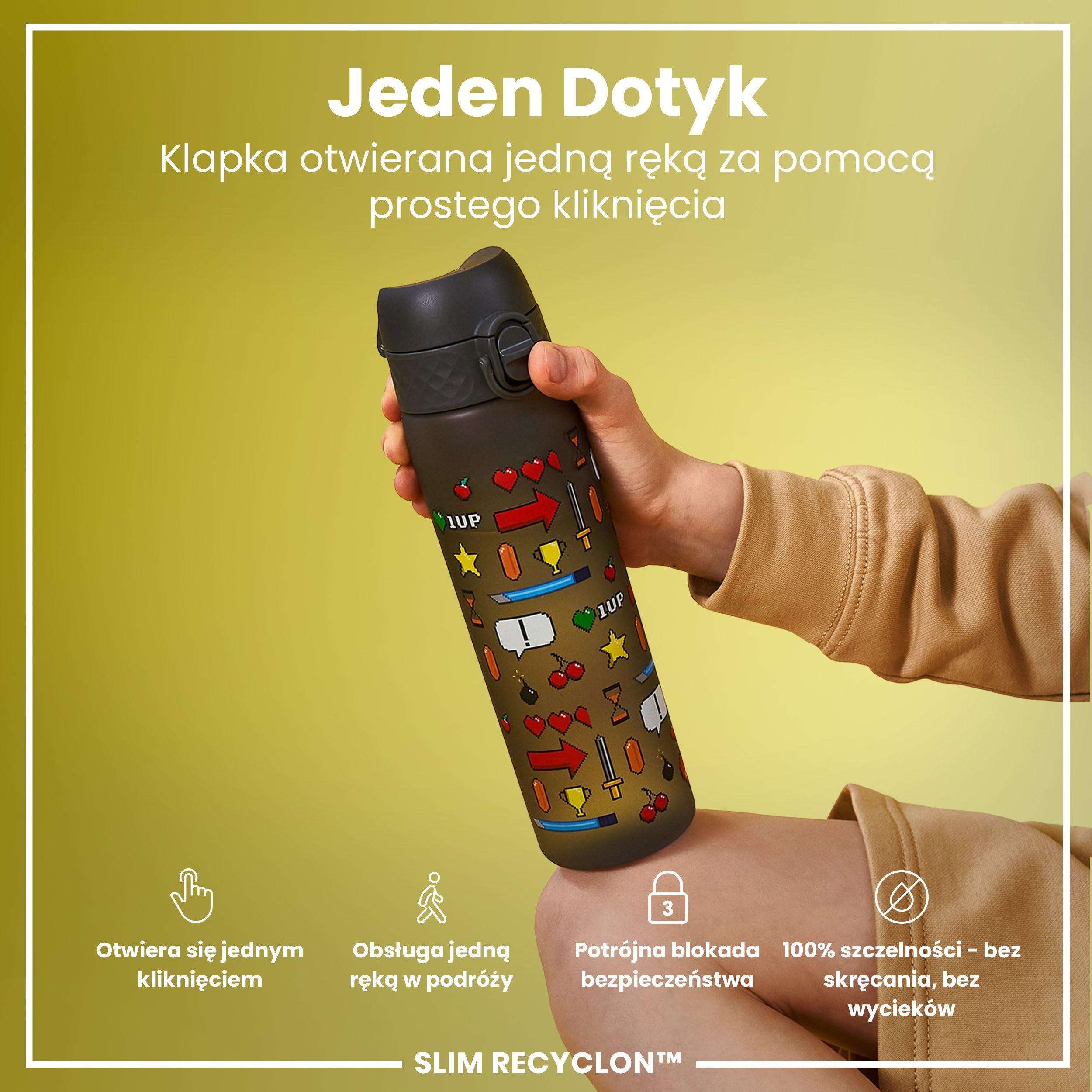 ION8 Butelka na Wodę, 500 ml/18 oz, Szczelna, Łatwe Otwieranie, Bezpieczny Zamek, Można Myć w Zmywarce, Bez BPA, Higieniczne Pokrycie, Uchwyt do Przenoszenia, Łatwa Czyszczenie, Bezwonny, Gracz