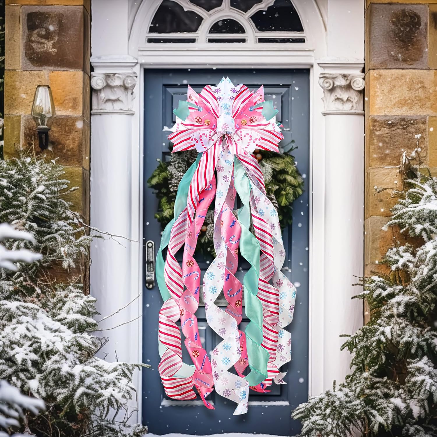 Pastel Christmas Tree Topper Wreath Bow Large Christmas Bow Tree Topper for Xmas Ornament Family Wedding Thanksgiving Indoor Outdoor Decoration 44.9 x 11.8 Inch