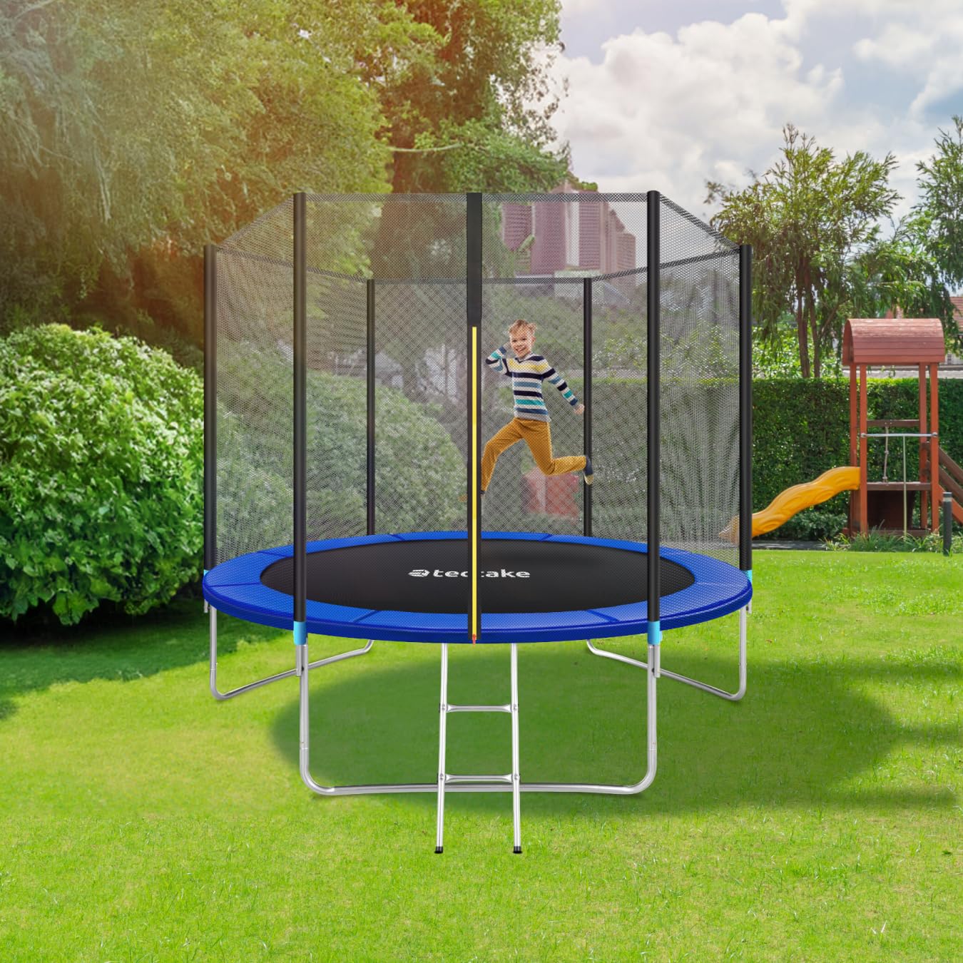 tectake® Trampoline, Trampoline de Jardin, Ø 244/305/366/396/427/457 cm, Certifié GS, Équipement de Fitness pour Entraînement d'endurance, Filet de sécurité pour Enfants, Échelle, Bordure rembourrée