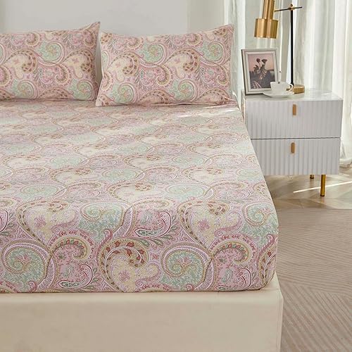 Miniatura 9 de Brandream Juego de sábanas de tamaño King, estilo bohemio, estampado paisley, color rosa, acuarela, estilo granja, colección de ropa de cama de