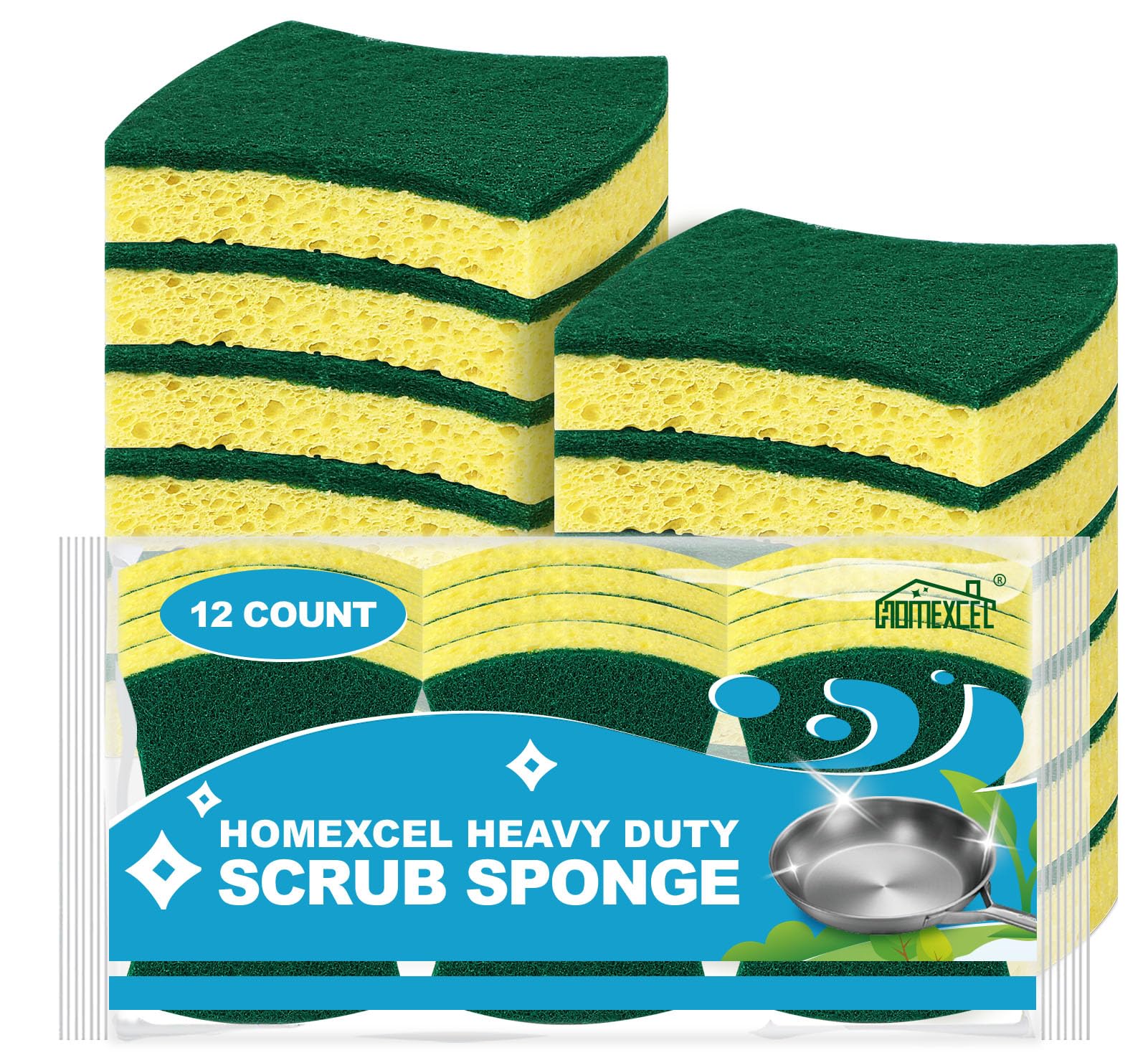 HOMEXCELScrub Kitchen Sponges12 Pack, Heavy Duty Scrub Sponges for Cleaning, Dish Sponges for Washing Dishes, Dual Sided Cellulose Sponge Effectively Cleans Dishes, Pots, and Pans
