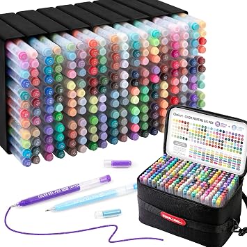 216 Pack Colored Gel Pens, 144 Pack Acrylic Pens + 72 Glitter Pens For Adults Coloring Books, 1.0mm Point Gel Pens, Large Capacity Ink Pens for Coloring, Writing, Drawing, Journaling, Note Taking
