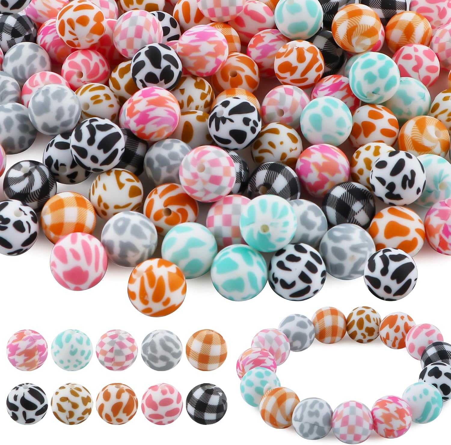 Sunrony 100PCS Print 15mm Silicone Beads Bulk, Grid Animal Cow Printed Focal Pattern Silicone Beads for Keychain Making and Necklace Bracelet Pens DIY Decoration