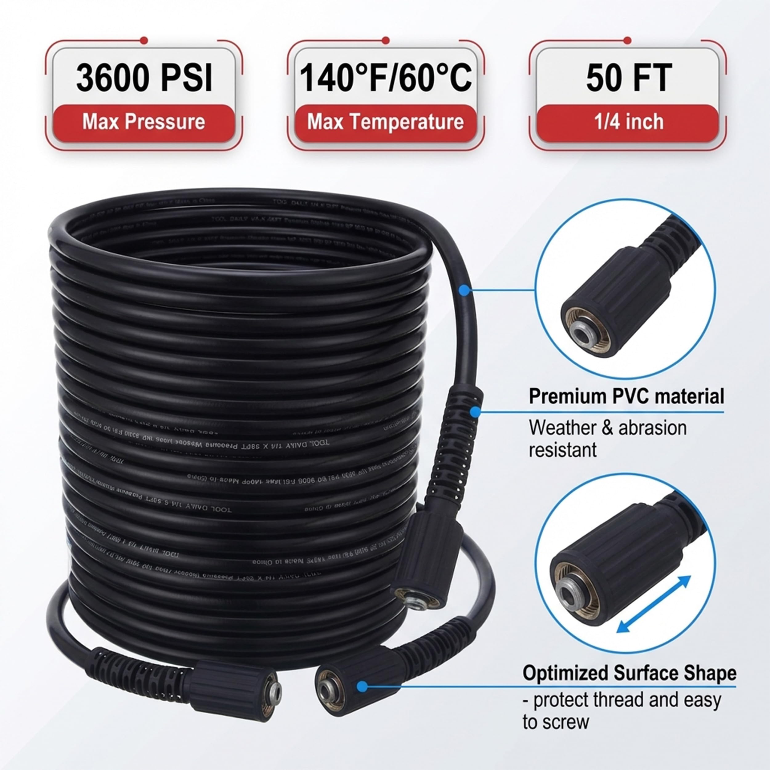 Tool Daily Tuyau de Rechange pour Nettoyeur Haute Pression 15,2 m x 1/4" (6.35 mm), 250 bar, Raccords M22 14 mm, Flexible de Remplacement Compatible avec la Plupart des Marques
