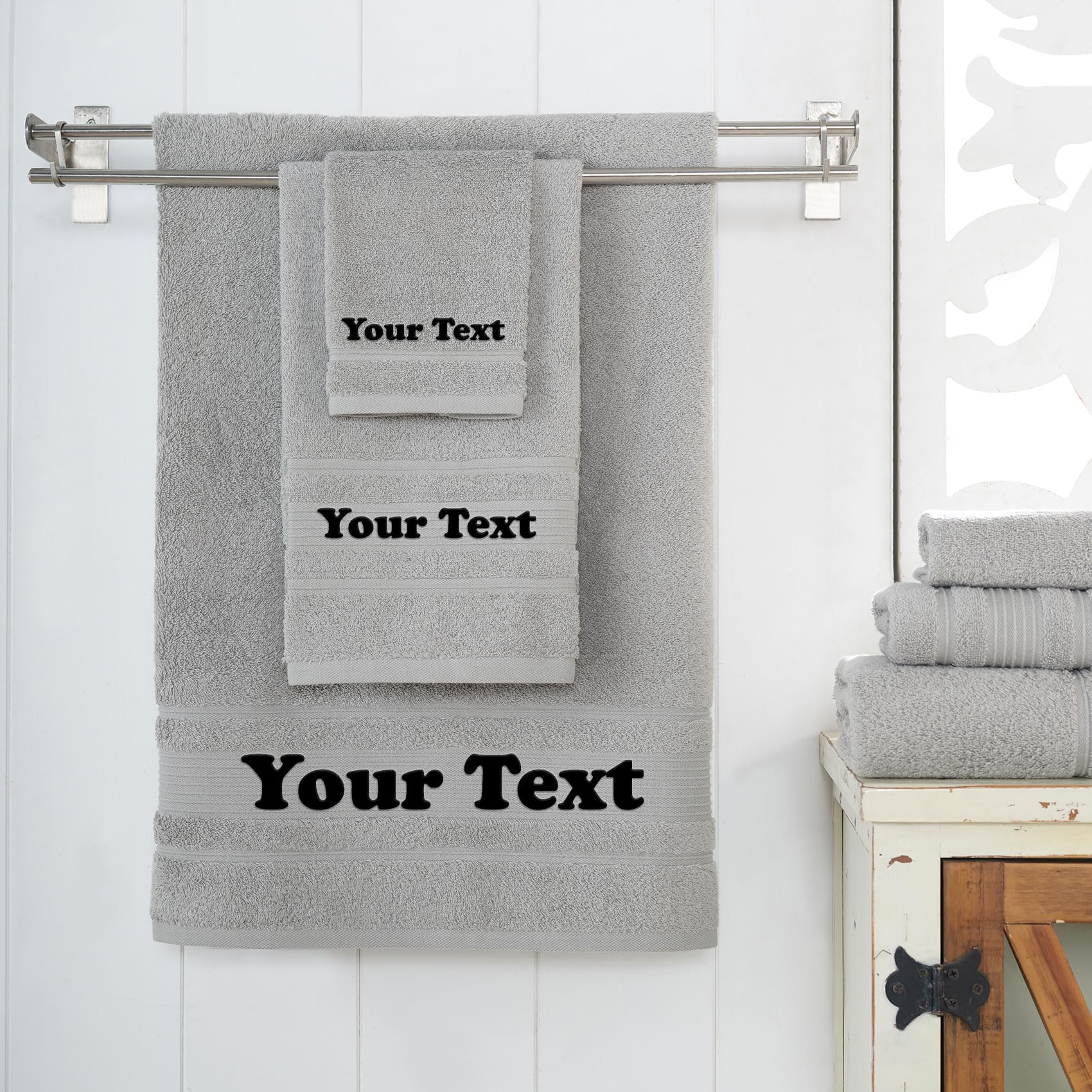 Personalize Your Towels with Custom Embroidery: Names, Monograms, and Initials. Perfect For Kids, Adults, Pool, Travel, Gifts, 3-Piece Towel Set; 1 Bath Towel, 1 Hand Towel, and 1 Wash Cloth - Grey