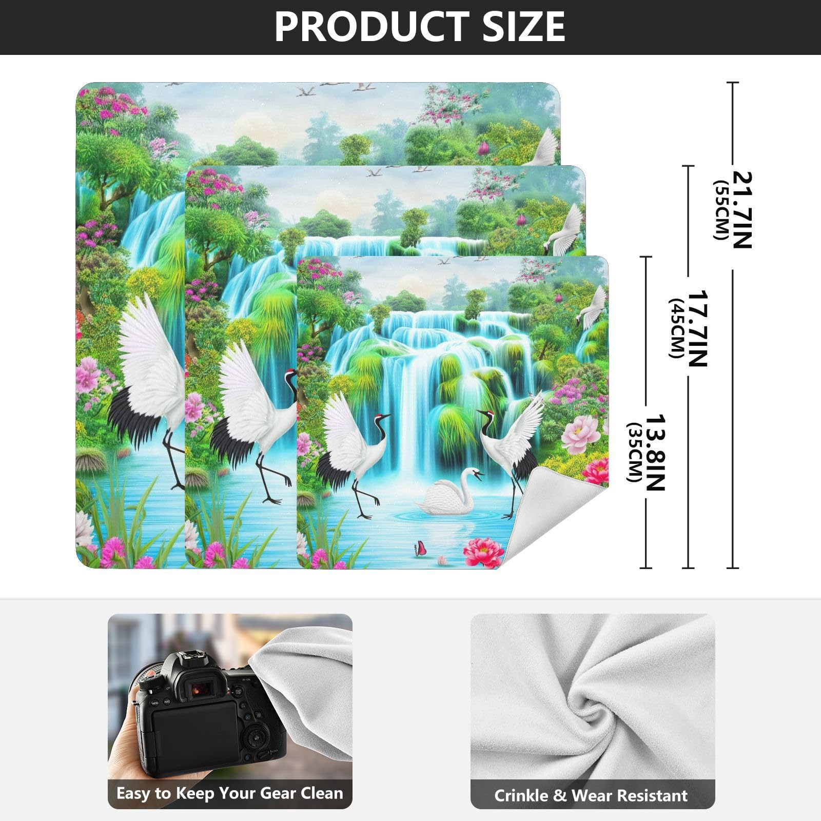 ODAWA Camera Dust Bag 13.8. In, Waterfall Scene Cranes Magic Flexible Folding Self-Stick Makeup Bag, Lightweight Cloths Wrap for Camera Lens