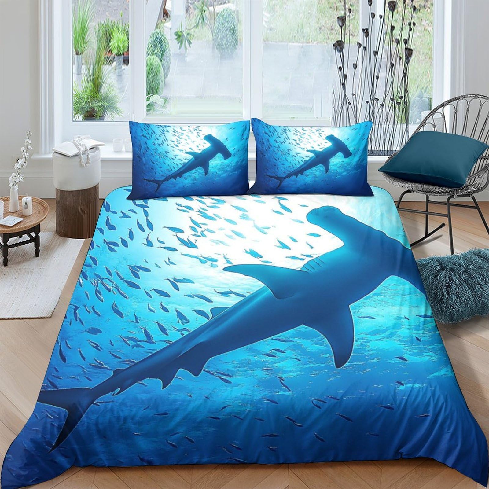 Ctjqhvkz Style-7 3D Printed Ocean Shark Fitted Sheet Microfiber Soft Blue Underwater Fish Mattress Cover Bedroom Decor Single（135X200cm）