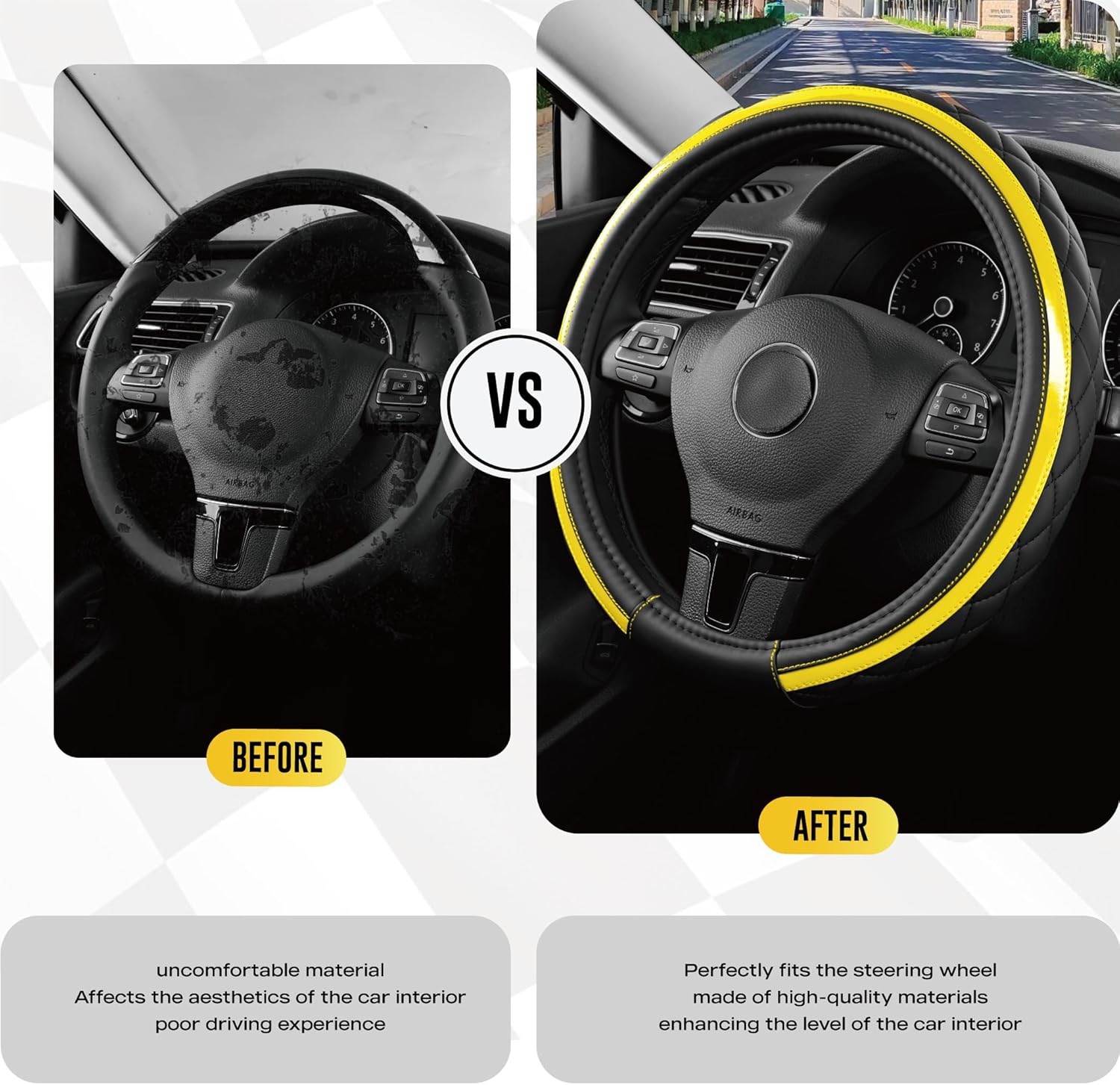 Road Comforts Leather Steering Wheel Cover – Black & Yellow, Universal Fit 14.5-15 Inch, Microfiber Leather, Anti-Slip & Breathable Design for Men and Women - Image 3