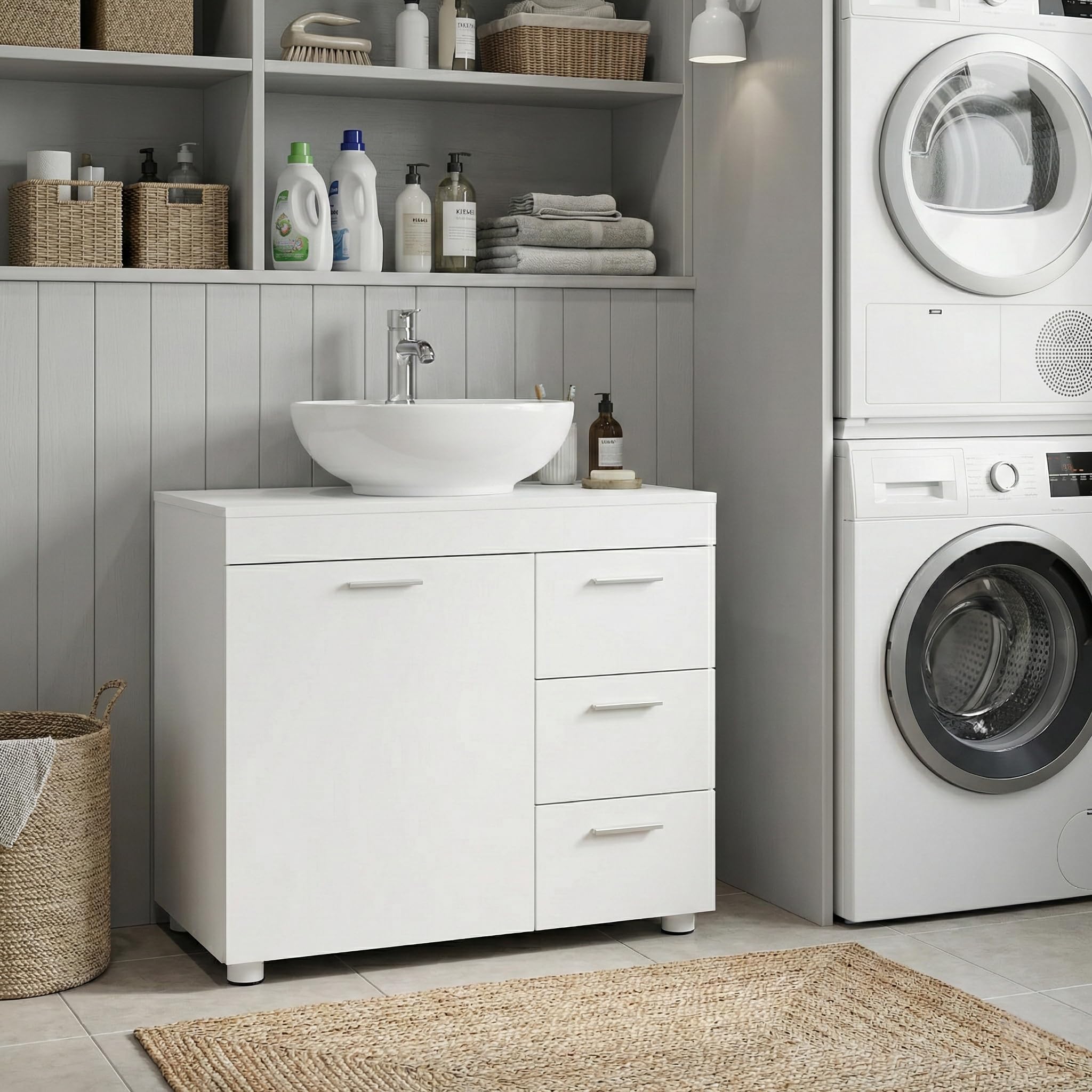 Mobile sottolavabo con 3 cassetti, 2 scomparti dietro la porta, piedi, mobiletto piccolo con ripiano regolabile, mobile da bagno, in legno, per bagno, cucina, bianco