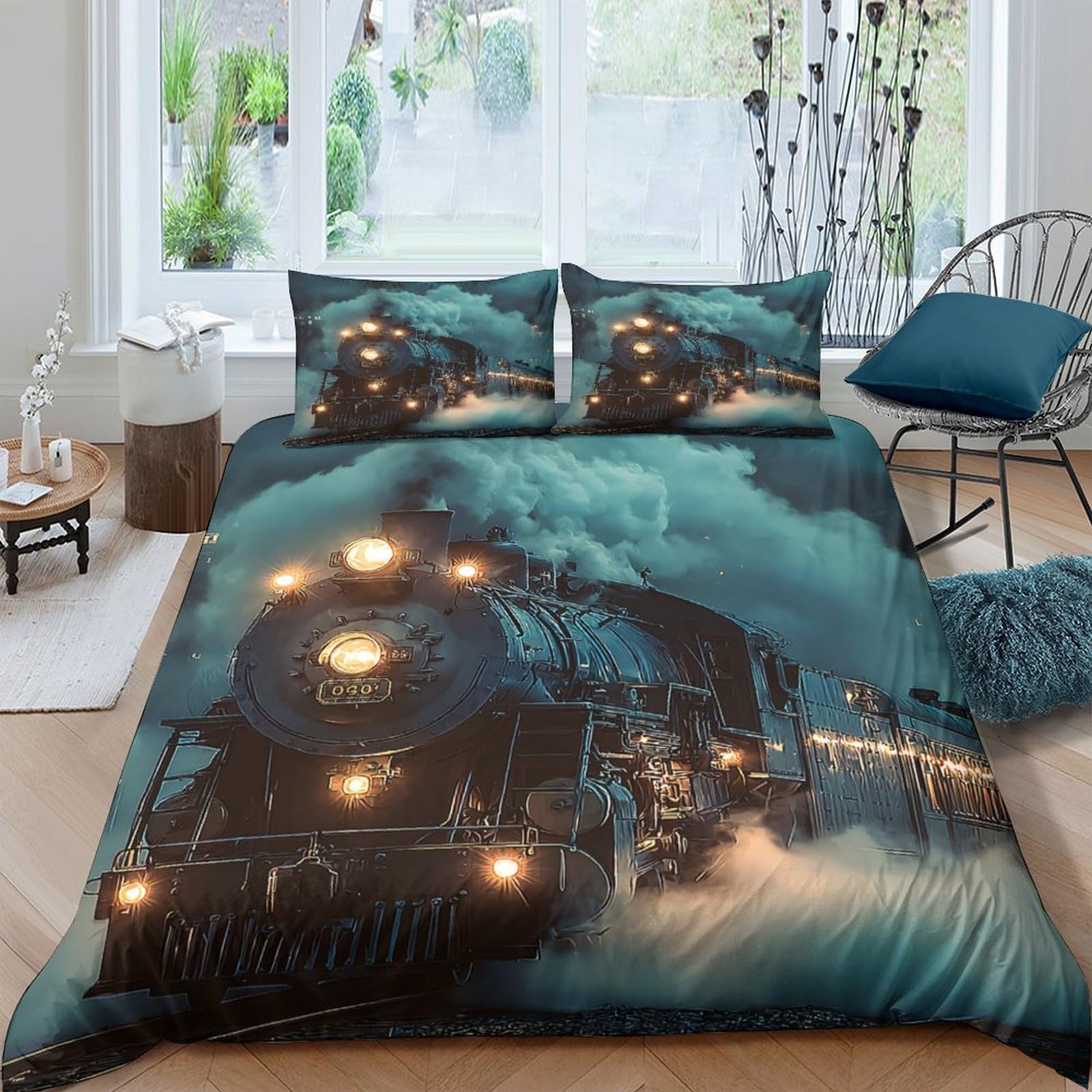 Ctjqhvkz Style-6 3D Printed Steam Train Fitted Sheet Microfiber Soft Breathable Night Railway Bed Cover For Bedroom Guest Room Decor Single（135X200cm）