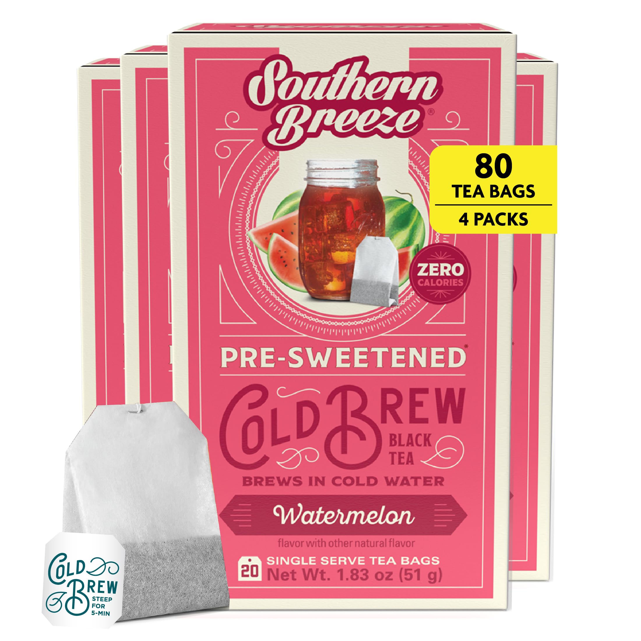 Southern Breeze Cold Brew Sweet Tea Watermelon Iced Tea with Black Tea and Zero Carbs Zero Sugar, 20 Individually Wrapped Tea Bags, Pack of 4