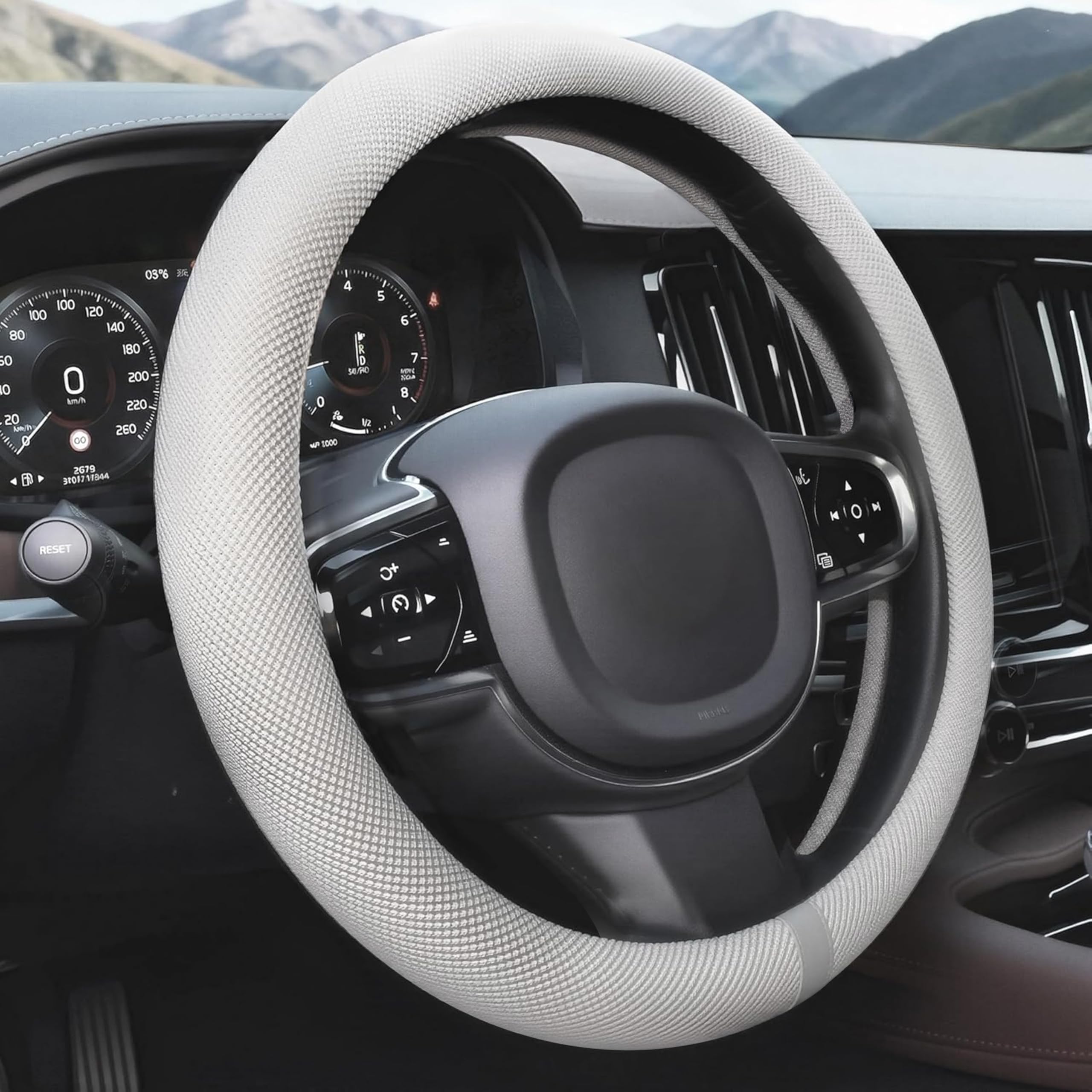 Photo 1 of 15 Inch Cooling Steering Wheel Cover for Women, Non-Slip Breathable Cooling Car Steering Wheel Cover with Upgraded Silicone Inner Ring Fits Round/D Shape, Warm in Winter Cool in Summer, White Gray