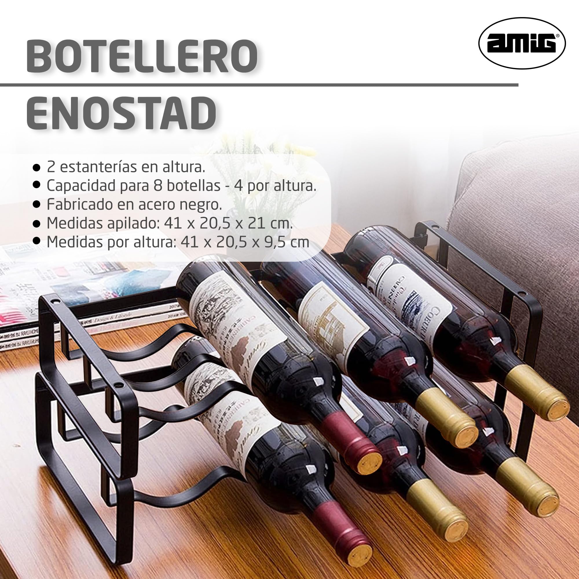Amig - Botellero Apilable para 8 Botellas - Pack de 2 Estanterías de Acero Negro - Organizador para Botellas de Vino en Cocina, Despensa, Comedor o Bodega - Medidas: 41 x 20,5 x 19 cm