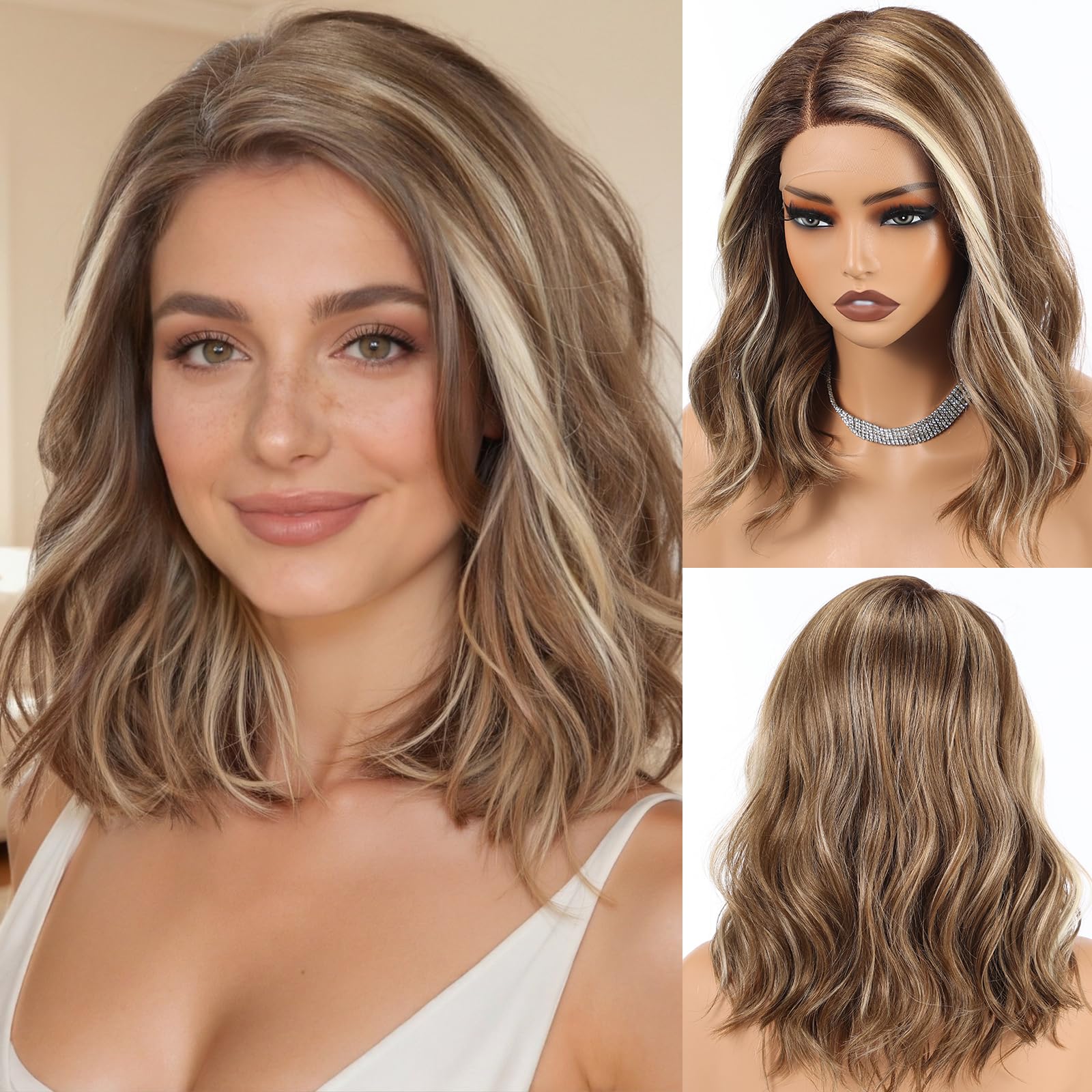 HAIRCUBE Synthetic T Lace Front Wig,Side-Parted Glueless Lace Wigs for Women, 16-Inch Shoulder Length Wavy Style for Daily Wear, Party & Date (Blonde balayage)