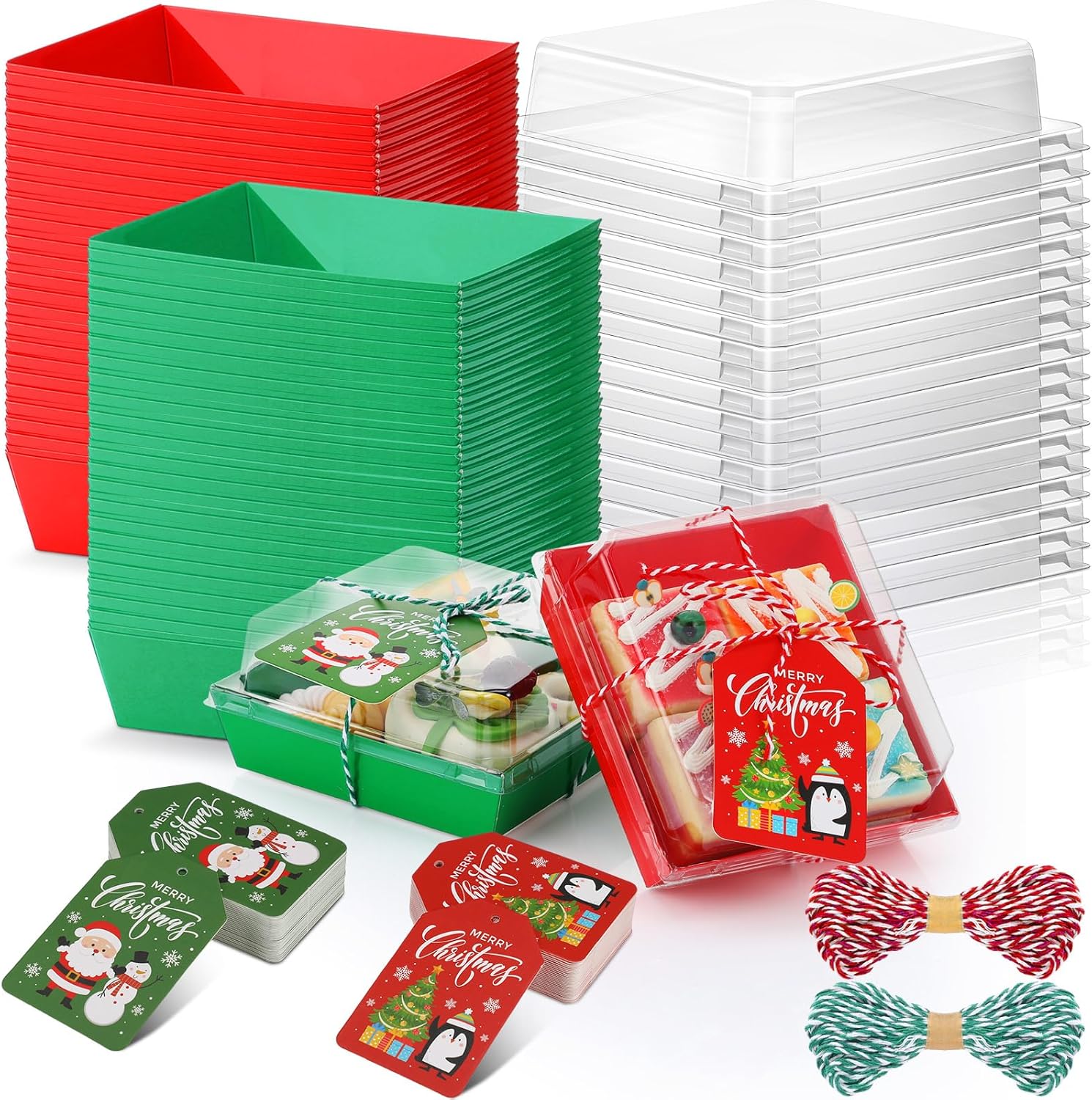 Yaomiao 100 Pcs Christmas Charcuterie Boxes with Ropes and Cards, Christmas Red Green Food Box with Clear Lids, Disposable Paper Bakery Box Dessert Containers for Xmas Party Favor Cookie Sandwich
