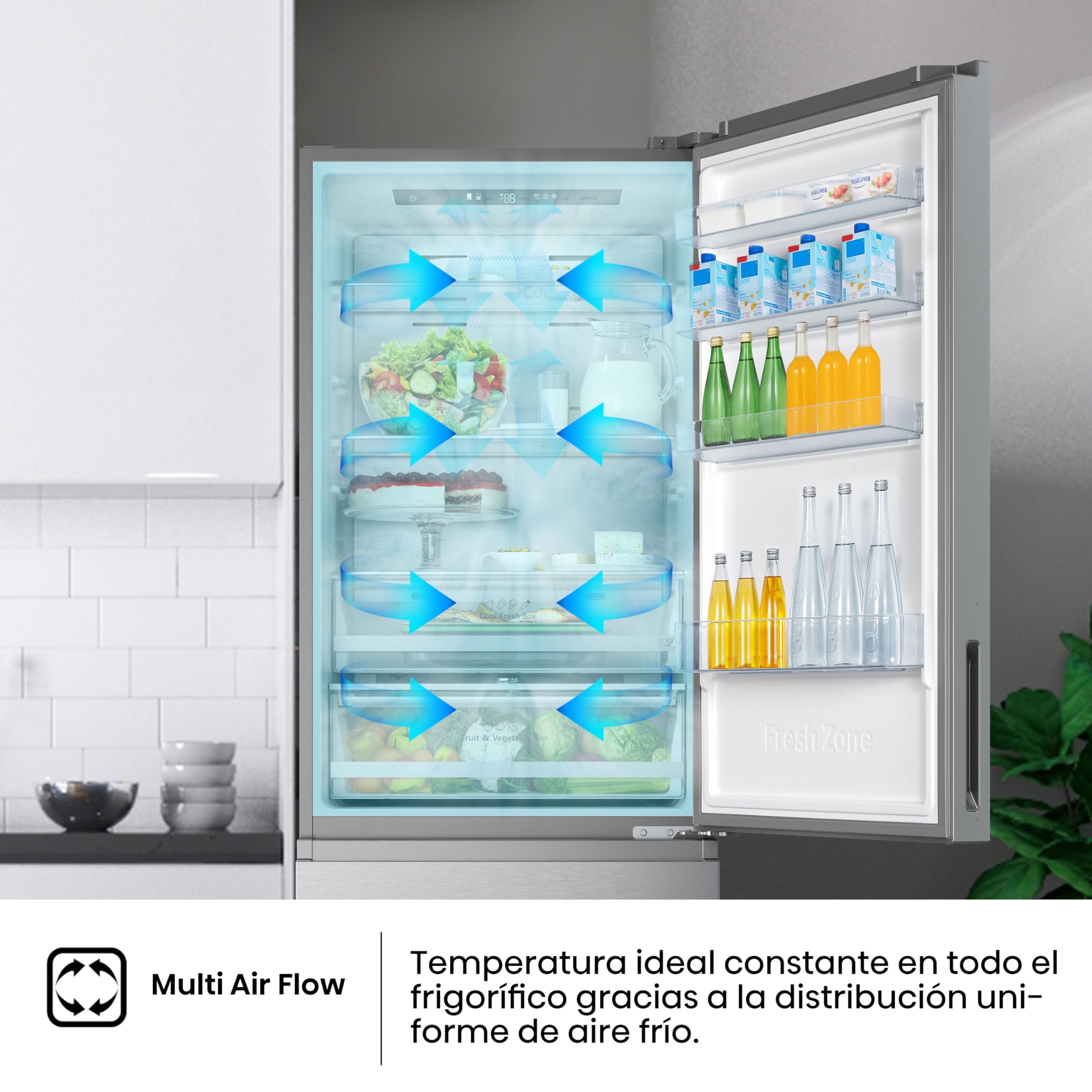 Hisense RT641N4AIE - Frigorífico Combi No Frost Inox Puerta Francesa, Eficiente Clase E, Capacidad 493 L con 200 cm Alto, Super Freeze, Total No Frost, Puerta Reversible, Silencioso 38dB, Color Inox