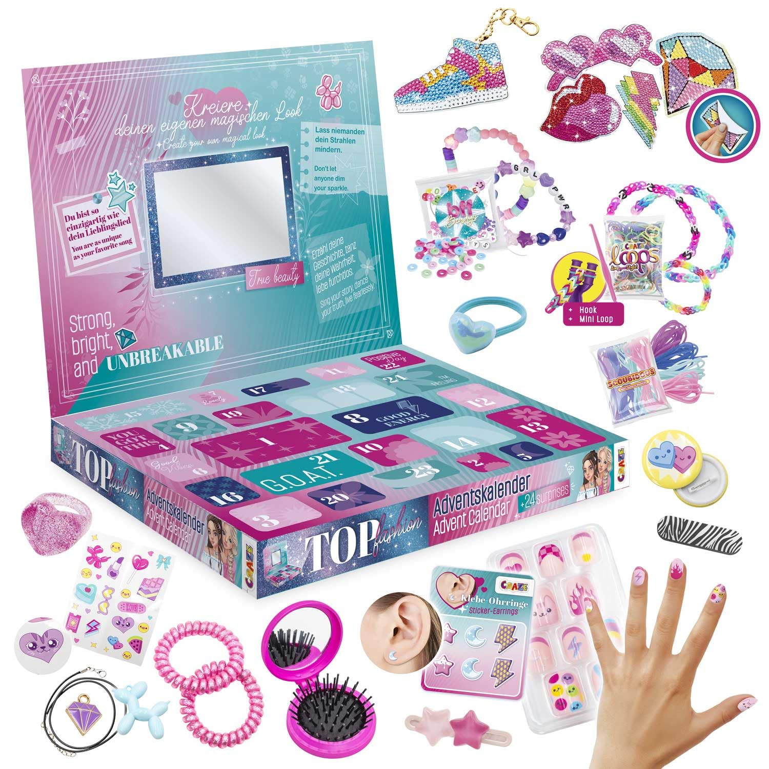 CRAZE Advent Calendar 2025 for Girls – Fashion DIY Set with Diamond Painting, Loom Bands, BFF Beads, Sticker Nails & Accessories – Creative Craft Fun for Young Fashionistas, Gift Idea for Girls 6+