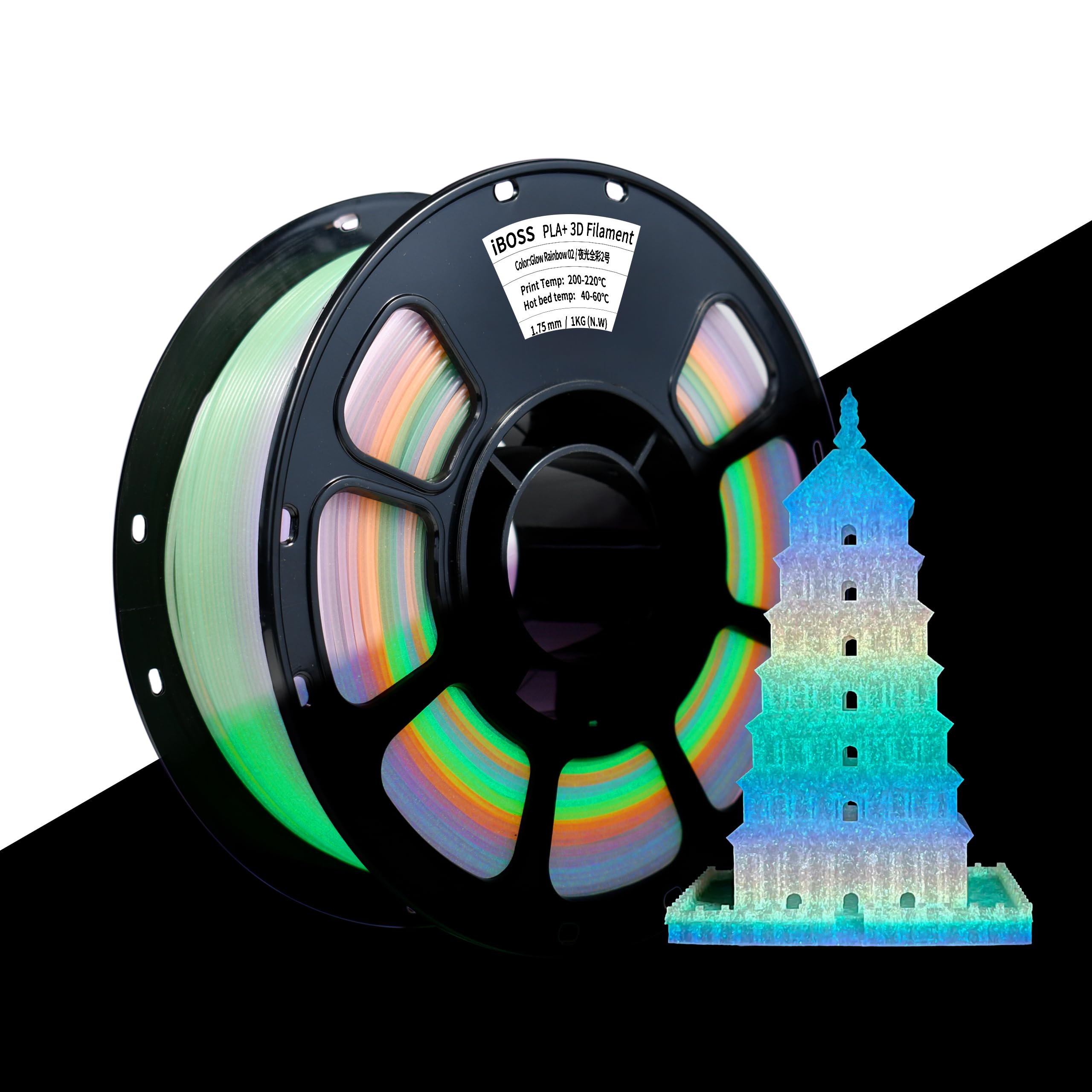 iBOSS Rapid PLA+ Filament 1.75mm Luminous Rainbow, PLA Plus Glow in The Dark 3D Printer Filament 1kg Spool, Dimensional Accuracy +/- 0.02mm, Brilliant Long-Lasting Glow Rainbow 02