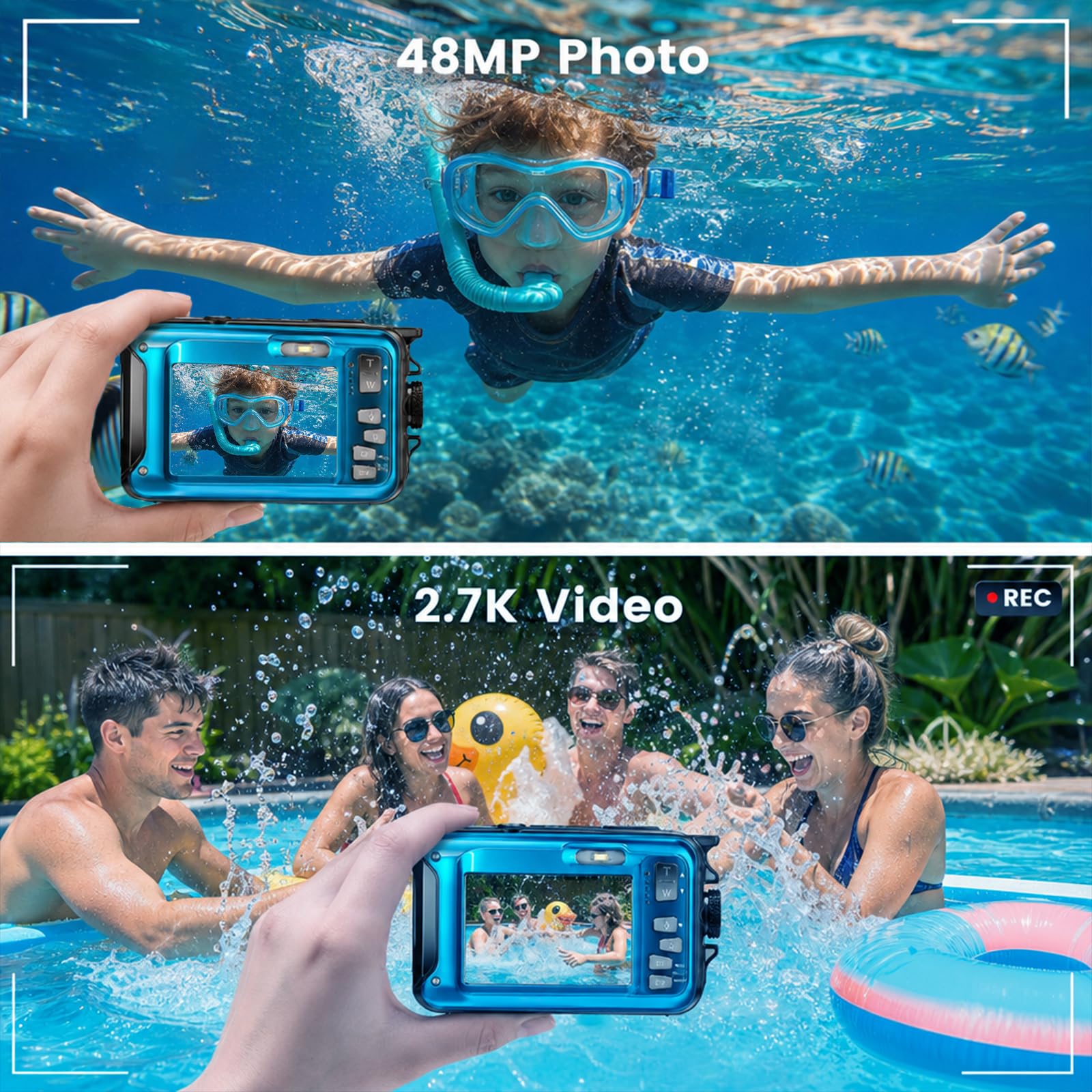 Fotocamera Digitale Impermeabile, Action Camera Subacquea HD 2.7K 48MP con Doppio Schermo per Snorkeling 3M per Nuotare, Zoom Digitale 16X Anti-Shake, Blu