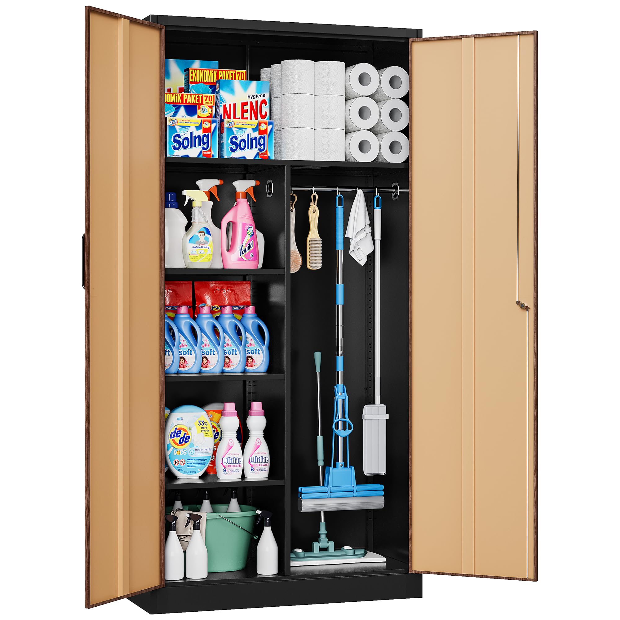 SISESOL Wide &amp; Deep Metal Storage Cabinet with Hanging Rod,Broom Closet Storage Cabinet with Lock,72" Tall Wardrobe Cabinets with Doors and Shelves,Locking Steel Tool Cabinets for Home,Office,Garage