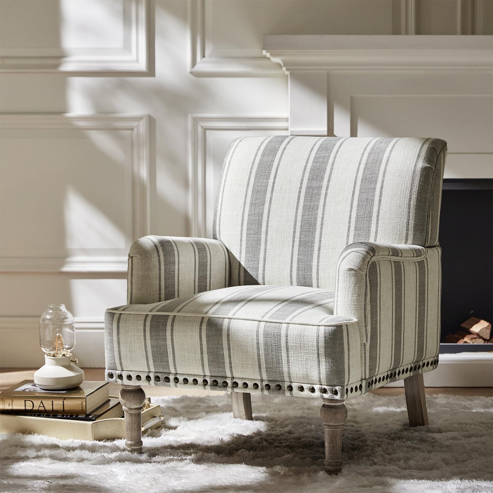 HULALA HOME Modern Accent Chair with Arms and Wooden Legs, Comfy Upholstered Armchair with Nailhead Trim,Lounge Arm Chair Suitable for Living Room, Bedroom, GREY