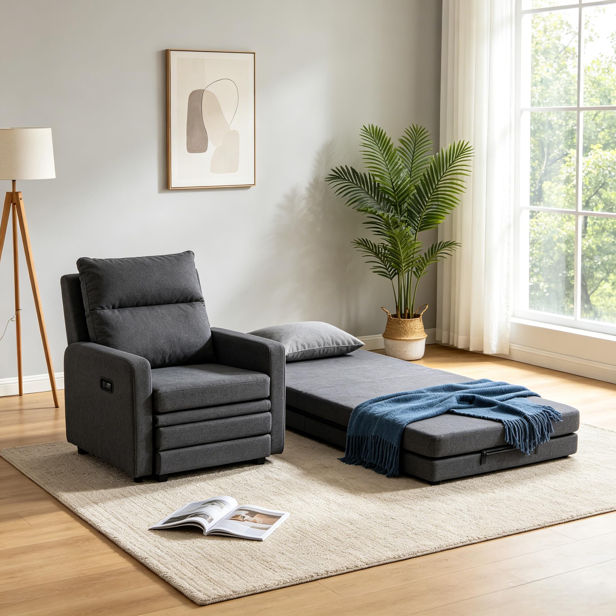 Zstar Canapé-lit Pliable Moderne – Fauteuil Convertible en Tissu Lin, Coussin Inclus, mémoire de Forme Confortable, Chaise Longue ou lit d’appoint pour Salon/Chambre – Gris foncé