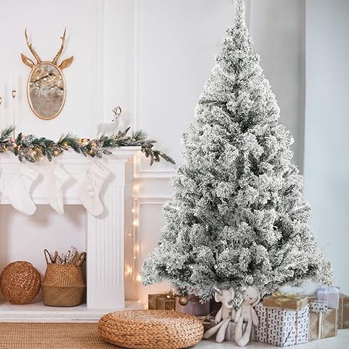 1.8m Christmas Tree, White Flocked Artificial Christmas Decoration with Realistic Branch Metal Base and Easy to Assembly Seasonal Winter Farmhouse