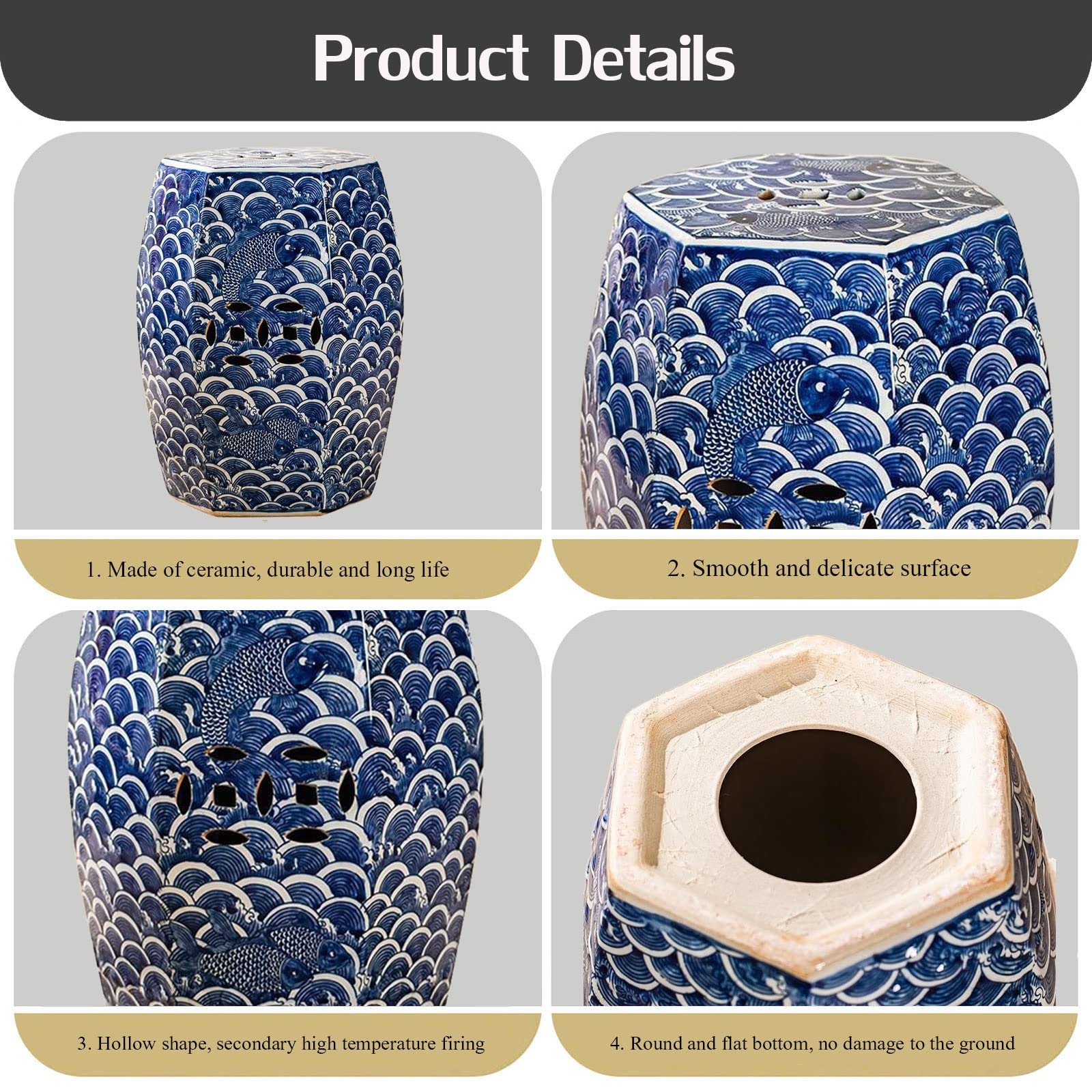 Tabouret de jardin décoratif, tabouret de jardin décoratif en céramique, tabouret tambour en céramique de porcelaine bleu et blanc peint à la main, adapté au salon, à la terrasse, au jardin, etc.