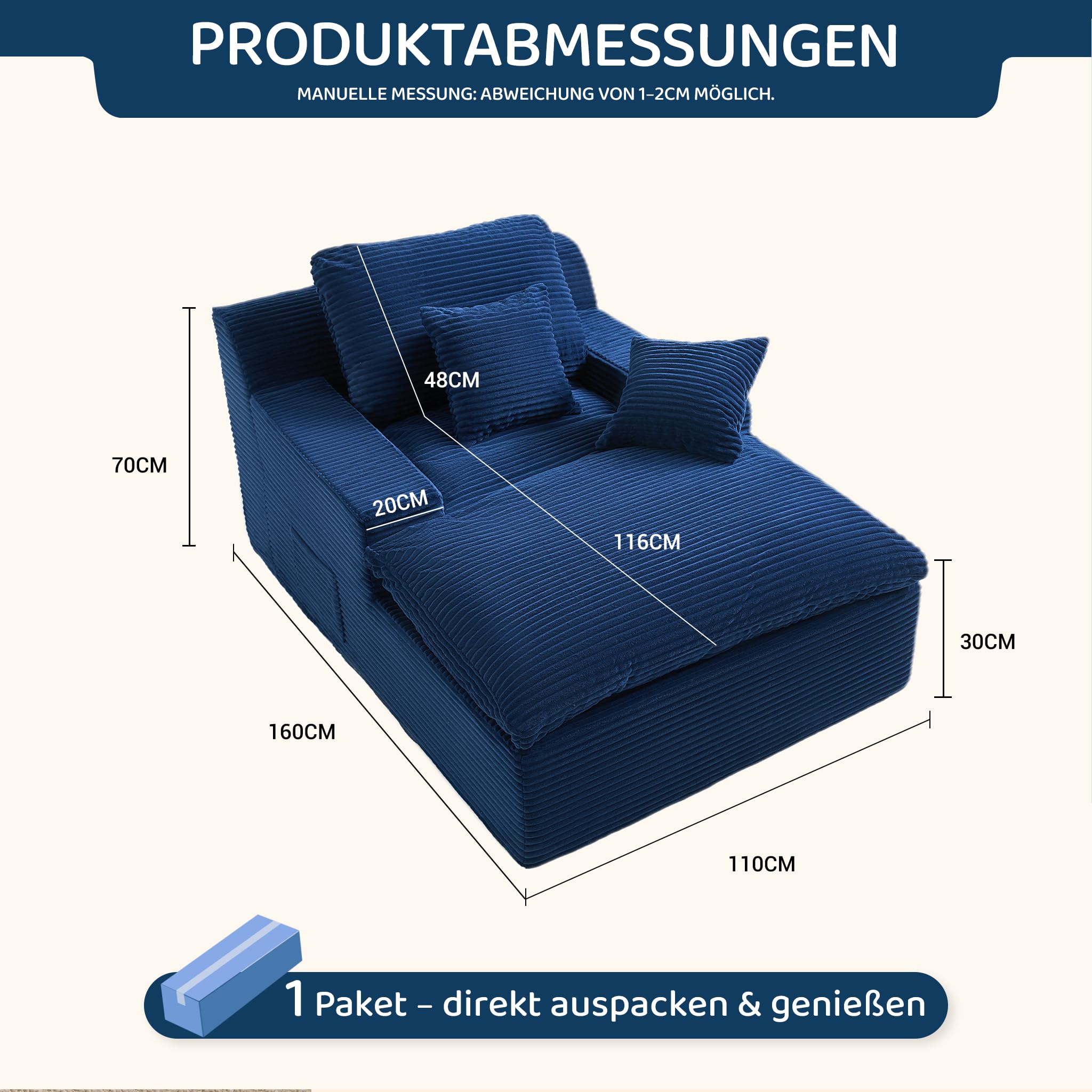 Divano Lounge 160 cm con Braccioli, Velluto a Coste (Blu navy)