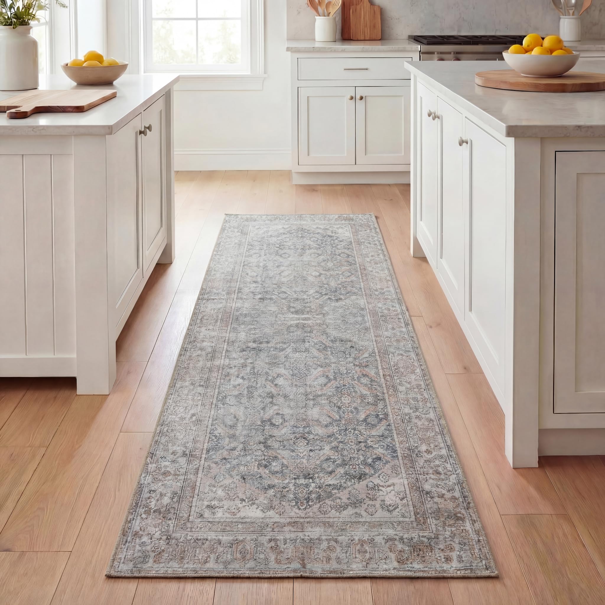 Kuden 2'6"x10 Runner Rug, Machine Washable Area Rug with Non-Slip Backing, Vintage Style, Soft, Easy Clean, Low Pile Rug for Hallway, Entryway,