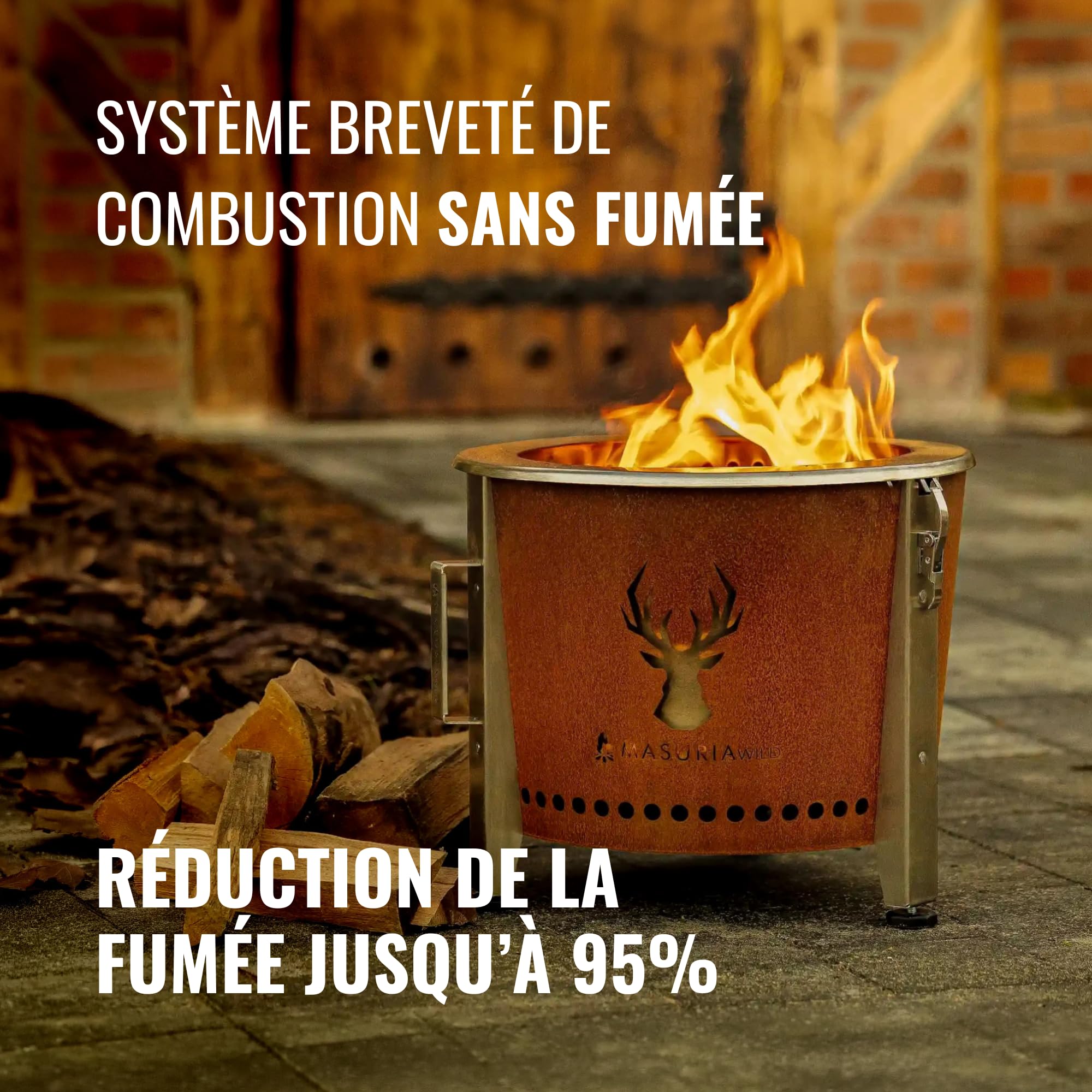 Masuria Brasero sans fumée 39cm Alpha 400 - Brasero extérieur Portable pour Camping, terrasse et Jardin en Acier INOX et corten - Fabriqué en UE - Jusqu’à 95% de fumée en Moins - Pieds réglables