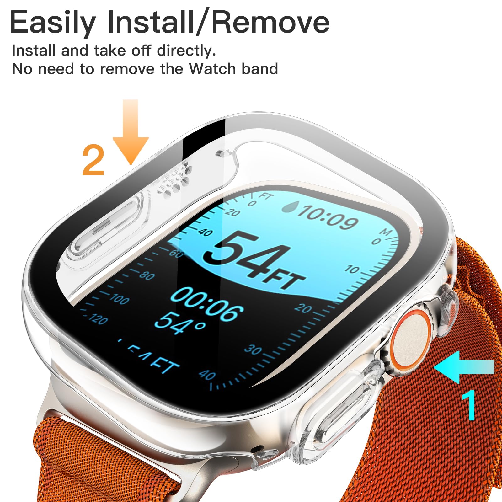 JETech Cover con Pellicola Protettiva per Apple Watch Ultra 3/2/1 49mm, Custodia Protettiva Complessiva, Pellicola Integrata in Vetro Temperato ad Alta Sensibilità, 2 Pezzi (Trasparente)