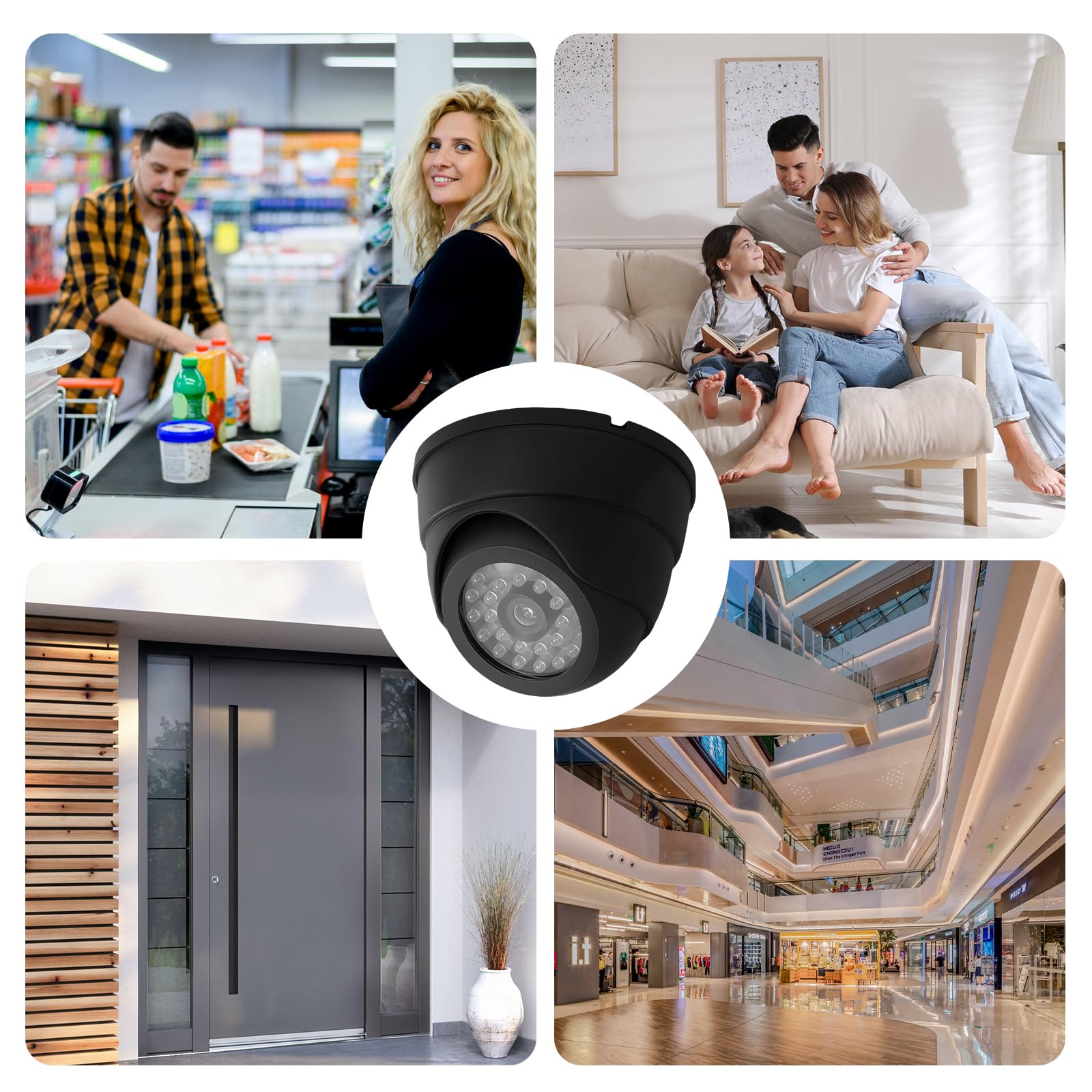 4 pezzi telecamere finte: telecamera di sorveglianza fittizia, finta telecamera di sorveglianza con ottica realistica e LED rosso lampeggiante per sicurezza interna ed esterna, casa, ufficio