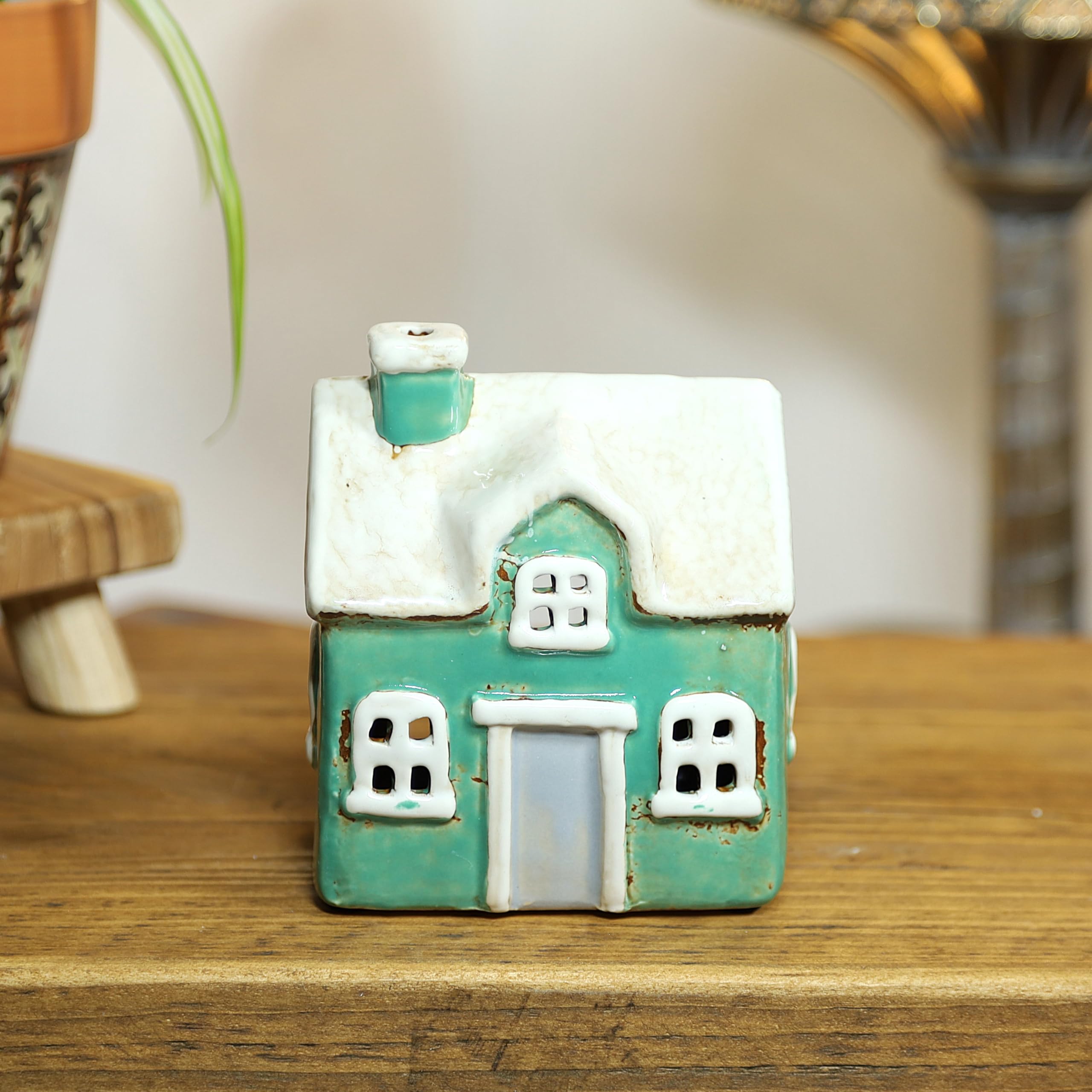 Fyne-Finds White-Blue Ceramic Tealight Candle Holder Cottage Shaped House Snowy Cottage Xmas Festive Shelfsitter Ornament