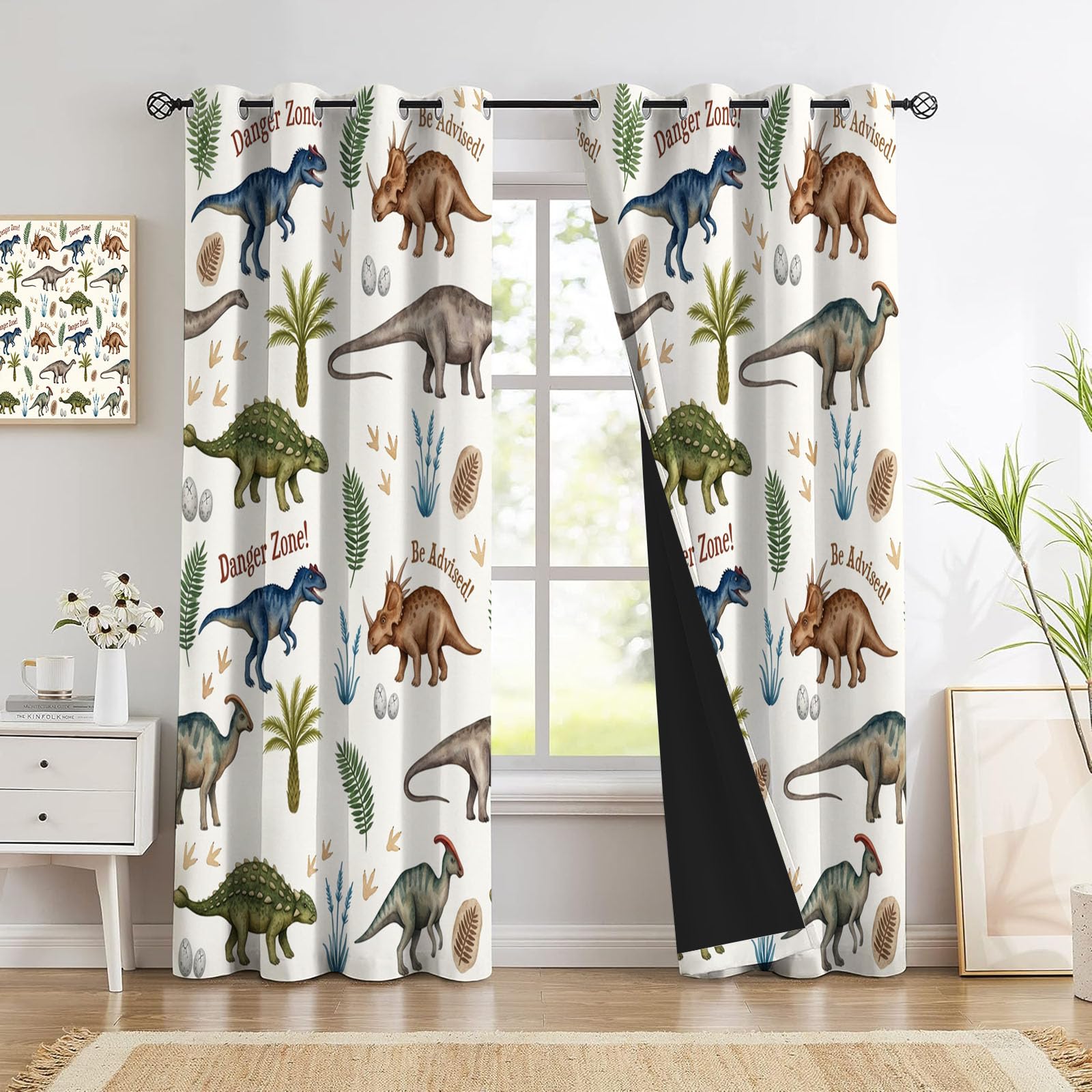 Dinosaure À L'Aquarelle Rideau - Thème Animalier Rideau Occultant Thermiques, L140×H240Cm (2 Panneaux) Rideaux À Oeillets pour Decoration Chambre Salon, Beige Marron