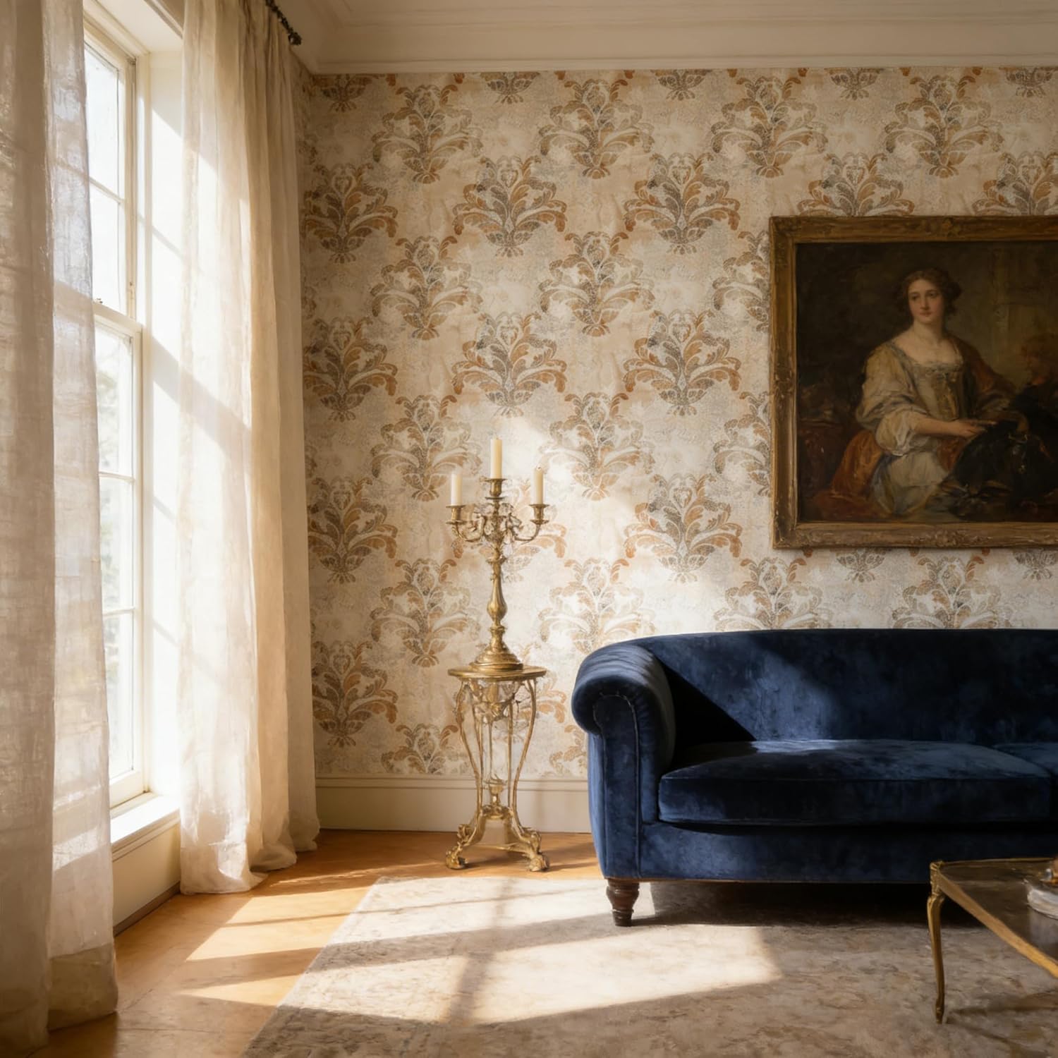Vintage Brown Gold Damask Peel and Stick Wallpaper - Classic Self-Adhesive Floral Wall paper 17.7 in x 118 in Removable Contact Paper for Bedroom Living Room Badroom Kitchen Renter Friendly Wallpaper