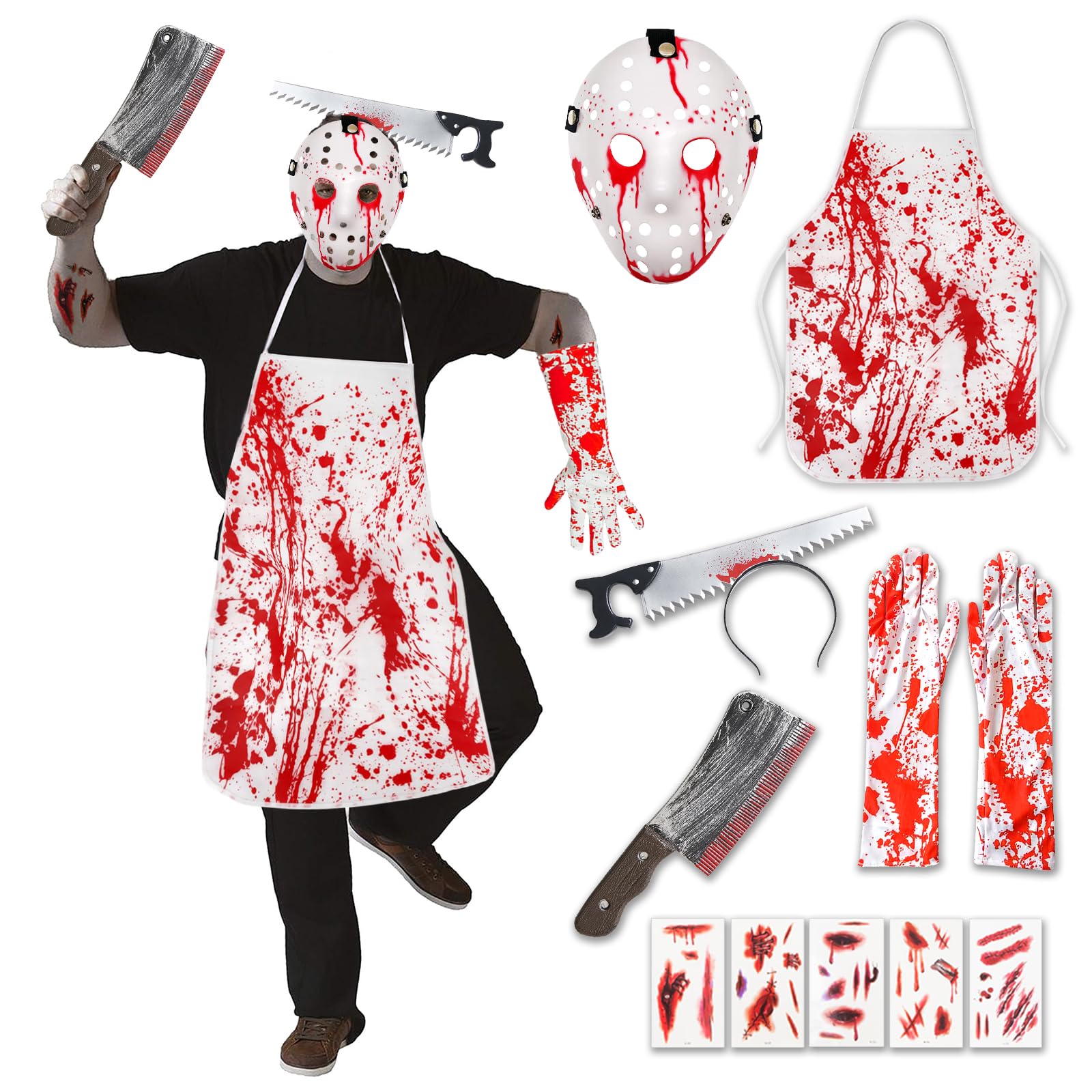 ENHZHIC Disfraz Halloween Hombre, Disfraz Carnicero Halloween con Delantal Sangriento, Disfraces de Terror de Halloween Set, Delantal Halloween, Accesorios para Fiesta de Halloween Carnaval