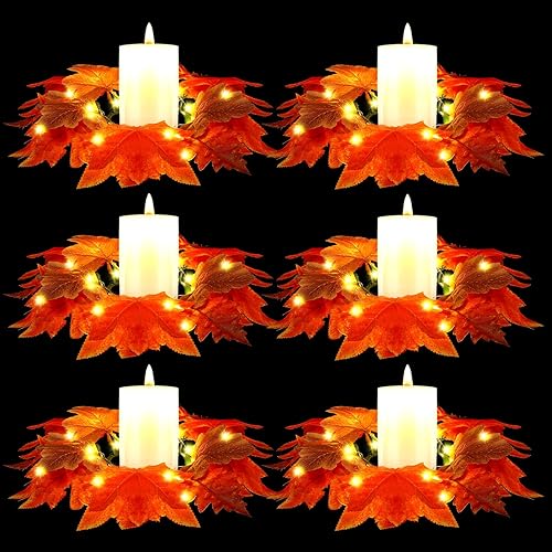 6 piezas de anillos de vela de otoño, coronas con velas LED de otoño con hojas de arce, guirnalda de hojas de otoño, portavelas de otoño para el día