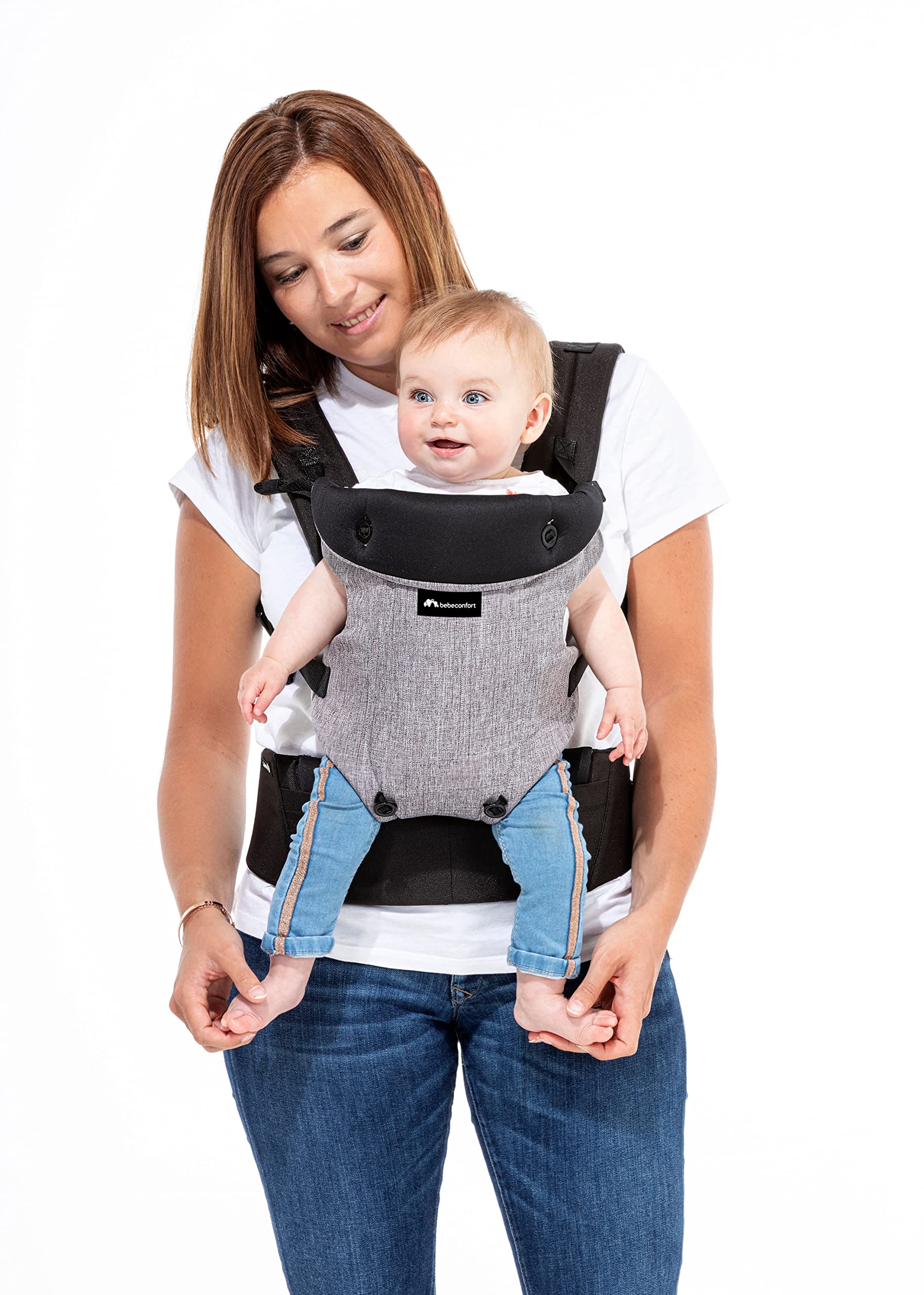 Bebeconfort Go4 Marsupio Ergonomico per neonati, 4 posizioni: fronte mamma e fronte strada, Schiena e Laterale, per bambini dalla nascita fino-15kg, Colore Black Chic (grigio scuro)