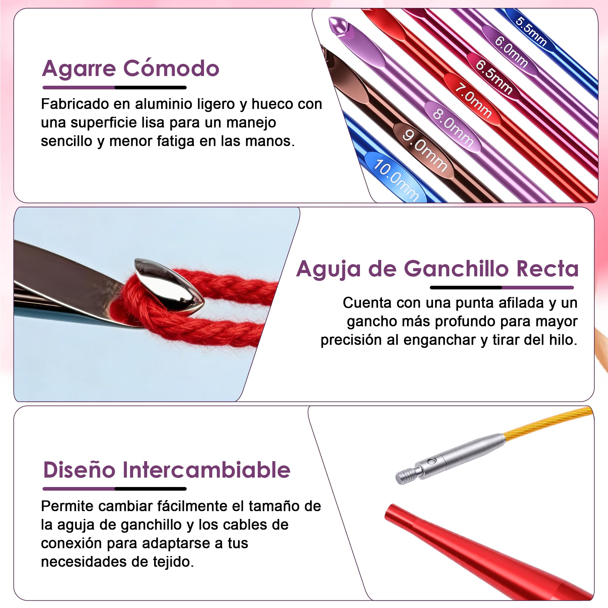 Ganchos de Ganchillo Intercambiables, Paquete de Accesorios para Manualidades de 12 Piezas, Aleación de Aluminio y Metal con Cables 40 60 80 100cm