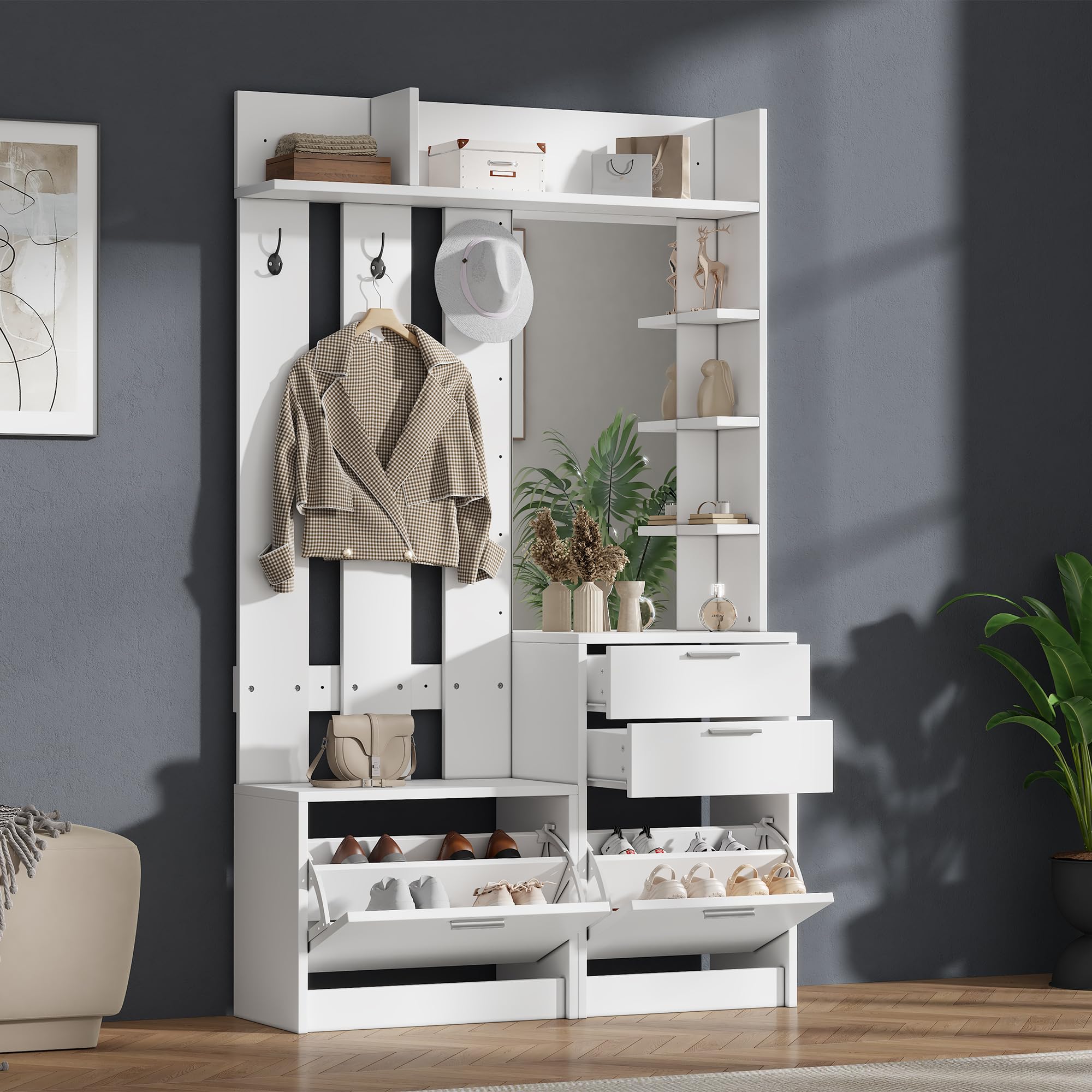 Garderobenset Wandgarderobe, Flurgarderobe Set mit Klapp Schuhschrank und Schuhbank, Flurgarderobe Kompaktgarderobe mit 2 Schubladen, Regalböden und 3 Haken, Flurmöbel Set, Weiß, 110x34x185cm