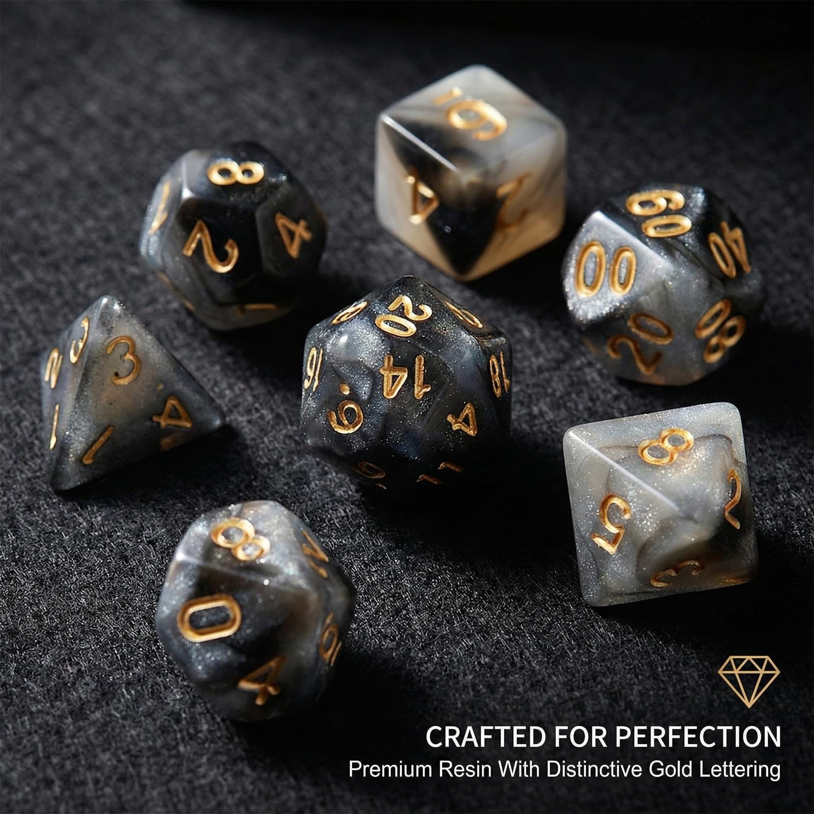 Juego 7 dados DND para Dungeon and Dragons, D&D, juegos rol, Pathfinder, juegos mesa - dados poliedros en tonos negros transparentes - combinación colores en negro, blanco y dorado